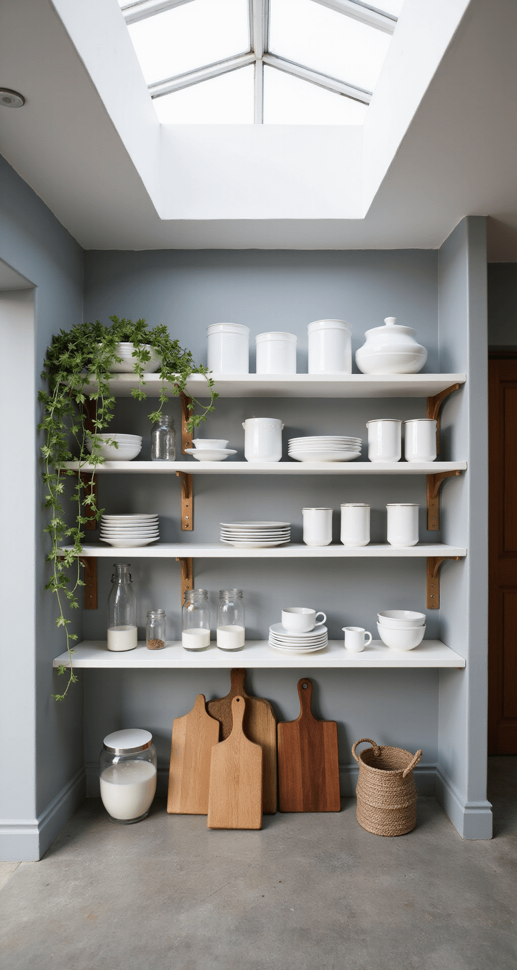 Minimalist kitchen wall featuring white open shelving with brass brackets, showcasing organized white ceramics, glass jars, and wooden cutting boards, illuminated by natural light from a skylight, accented with trailing plants against cool gray walls and warm wood tones.