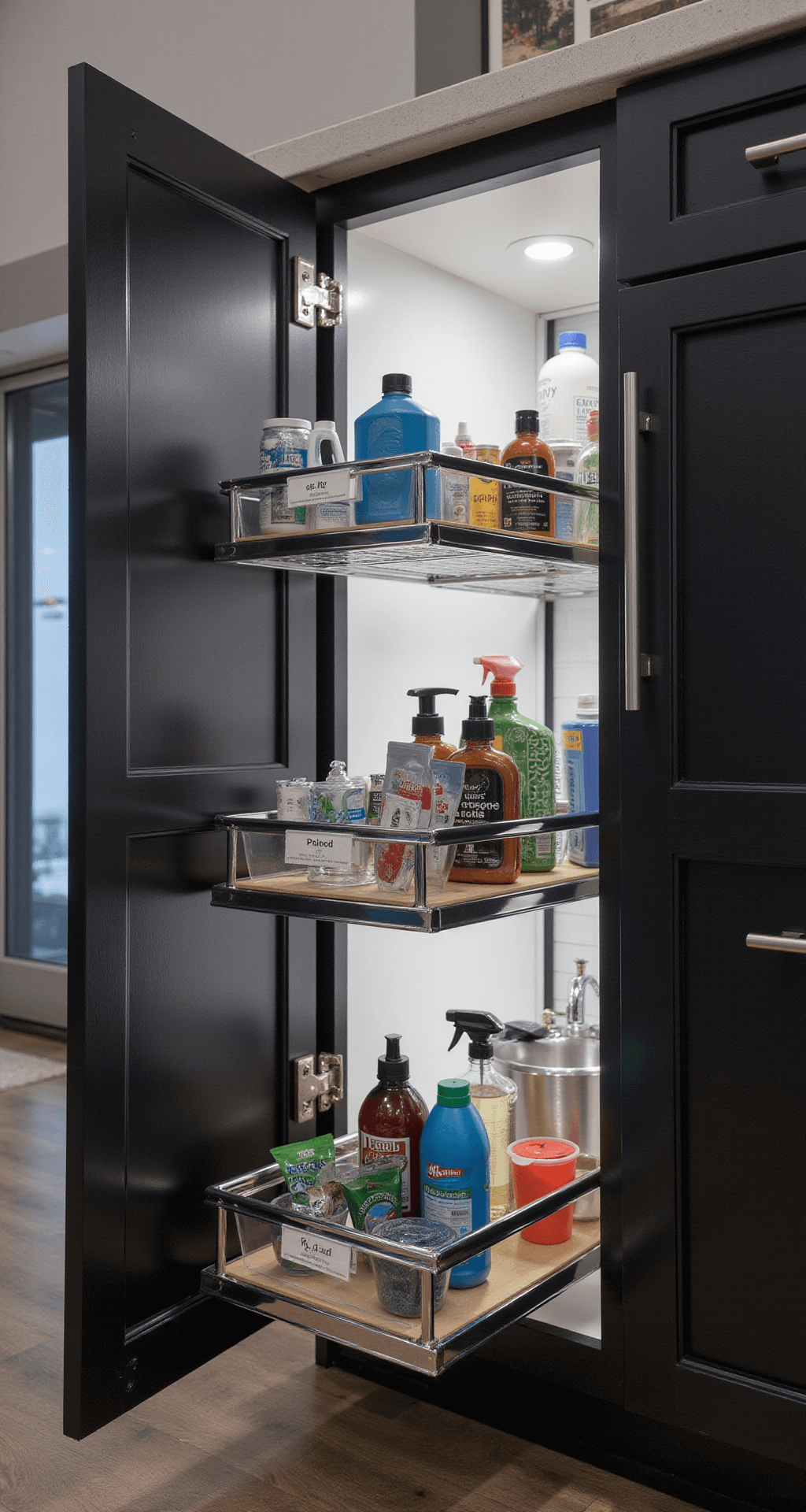 Contemporary under-sink cabinet with open doors showcasing pull-out chrome organizers filled with labeled clear bins holding cleaning supplies, illuminated by LED strip lighting and cool morning light, captured from a low angle with a wide-angle lens.