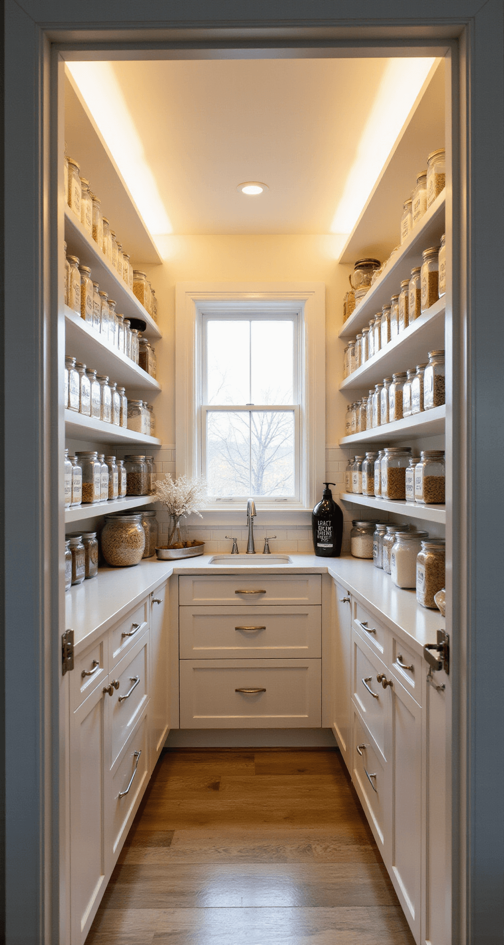A modern minimalist walk-in pantry featuring clear acrylic containers on white shelving, illuminated by warm LED strip lighting, with morning light filtering through a small window, and black vinyl labels in sleek typography.
