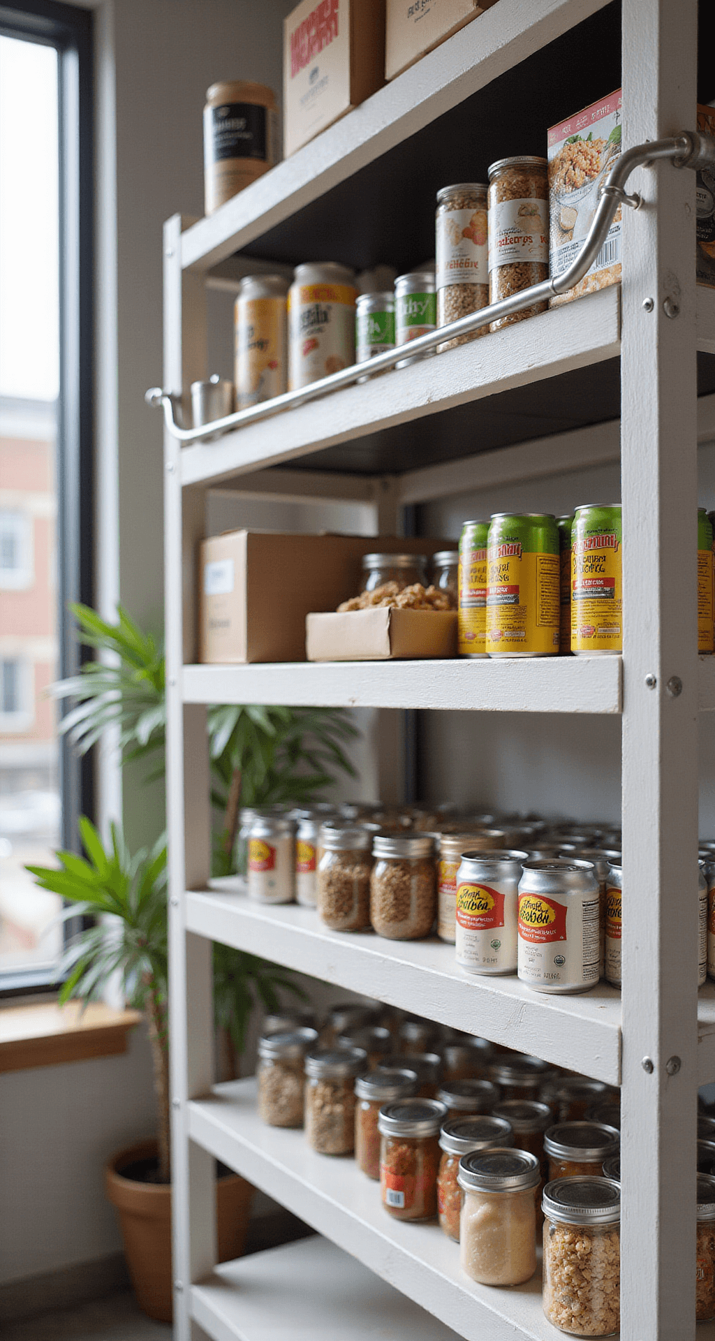 Close-up of a vertical chrome 2-tier shelf riser on a 36-inch white-painted wooden shelf, showcasing organized canned goods and boxed items in afternoon natural light, shot from a 45-degree angle, highlighting industrial-modern styling and intentional color blocking.