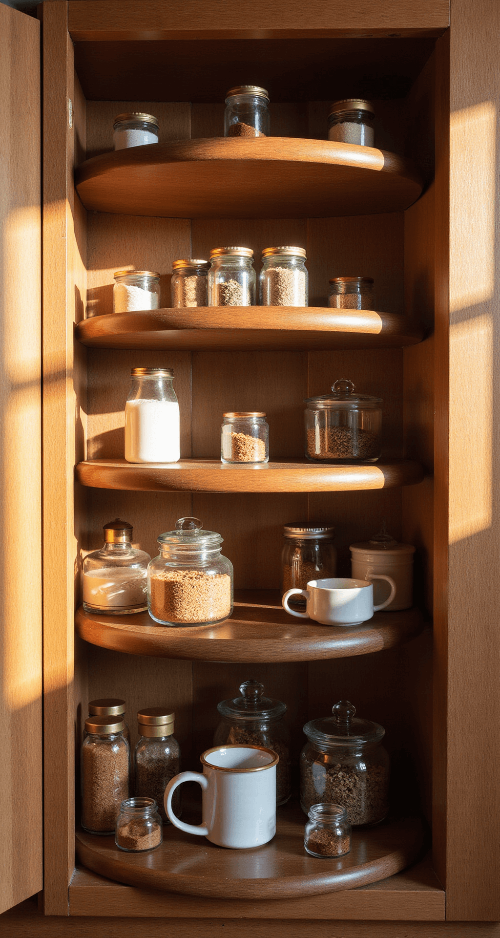 Sunlit corner pantry with a custom walnut Lazy Susan displaying artfully arranged spice jars and condiments; warm highlights from copper and brass accents.