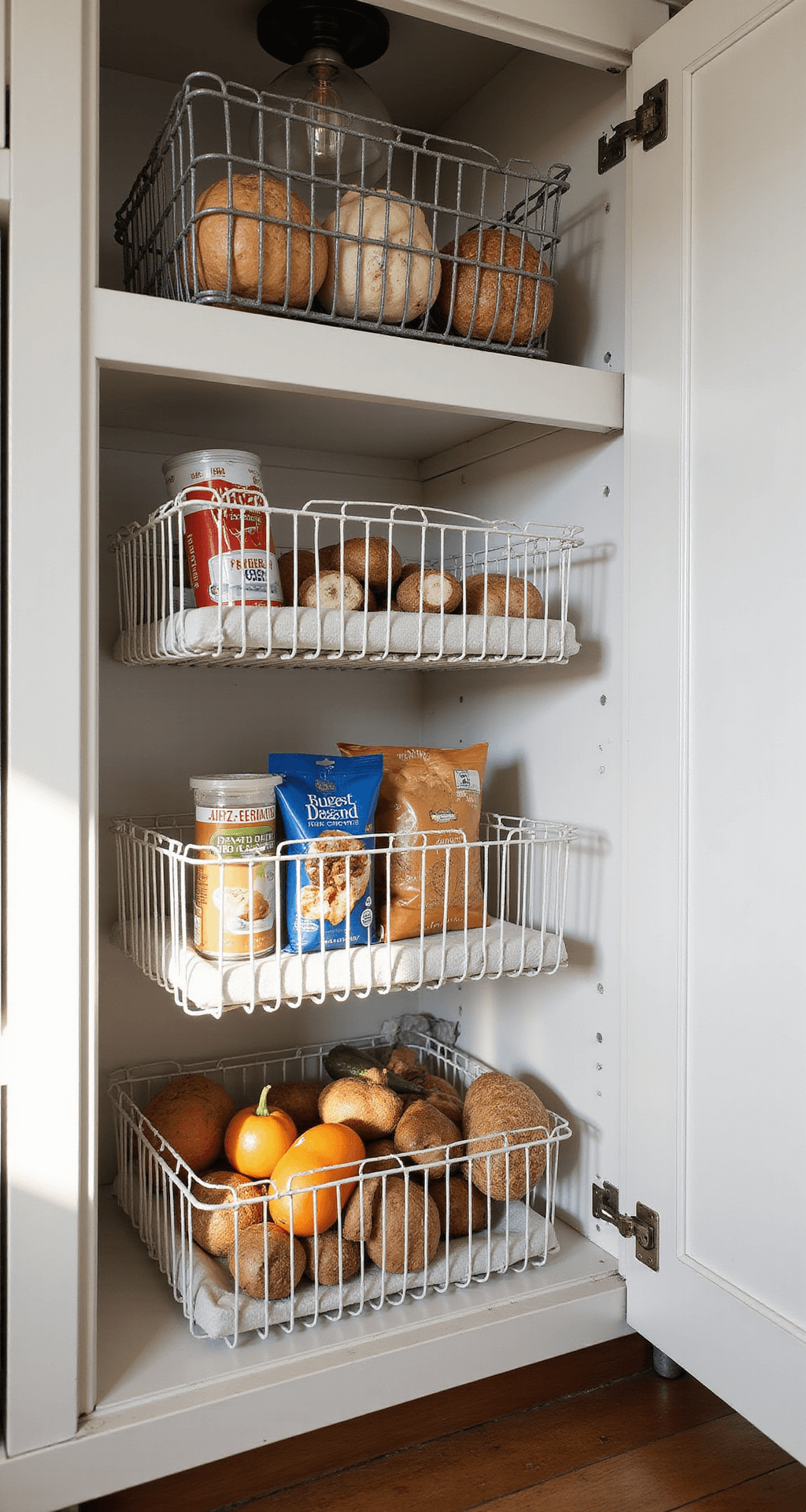 A stylish storage vignette featuring white wire pull-out baskets filled with packaged snacks, bread, and root vegetables, illuminated by cool morning light from the right. The scene showcases multiple layers of storage under an industrial pendant light, casting dramatic shadows, all while embodying a modern farmhouse aesthetic with vintage metal accents in a palette of white, galvanized metal, and natural food tones.