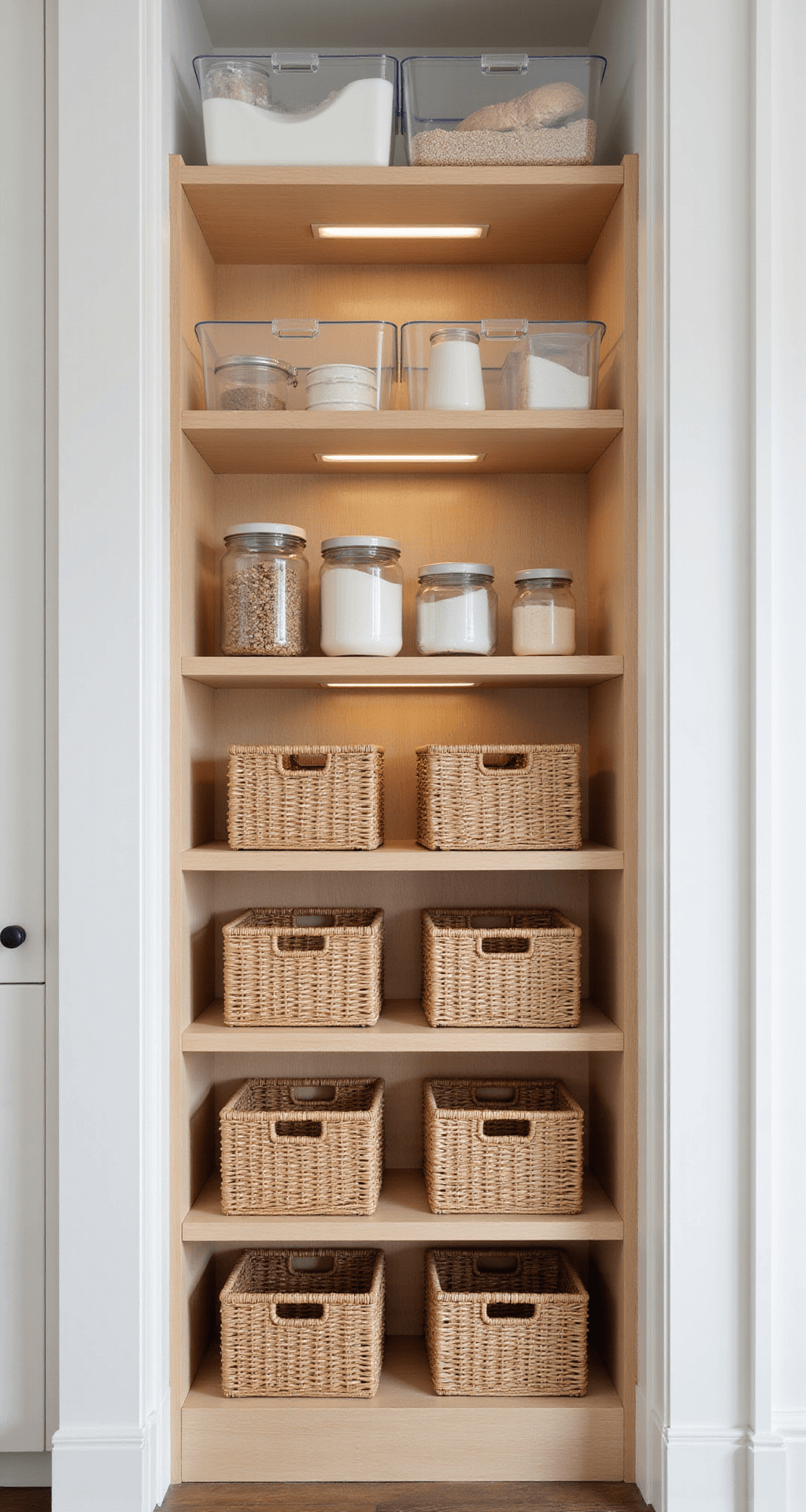 A bright daylight shot of a floor-to-ceiling pantry showcasing a minimal Scandinavian design with custom maple shelving. Eye-level clear bins hold baking supplies, while lower woven baskets contain bulk items. Integrated LED strips illuminate the organized category zones in a palette of light wood, clear acrylic, and white accents.