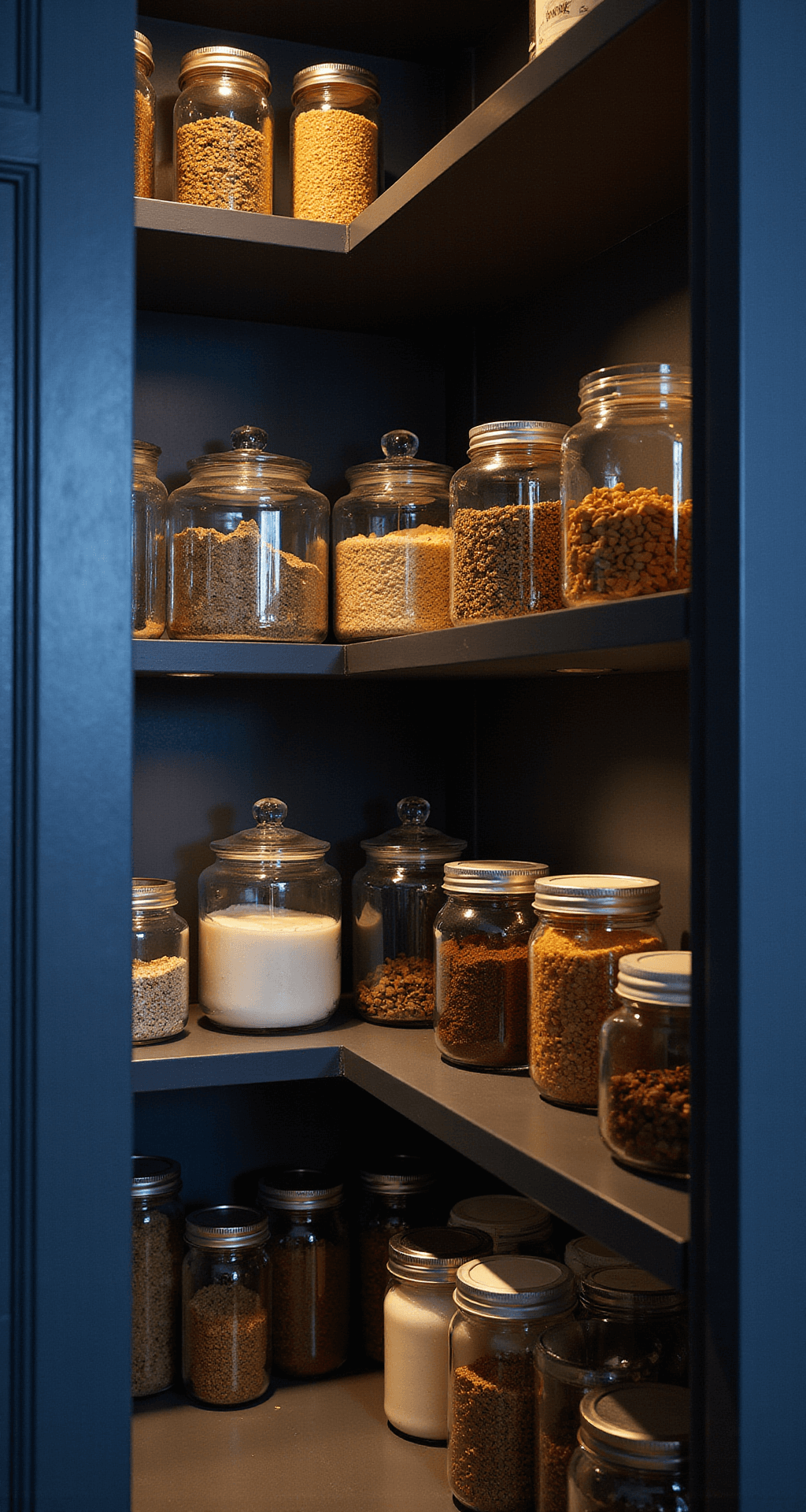 A dusk interior photo of a pantry featuring battery-operated puck lights illuminating a collection of glass jars on modern acrylic storage, with strategic shadows enhancing the organization system. The dark navy shelving contrasts with the warm LED glow, creating a moody evening atmosphere.