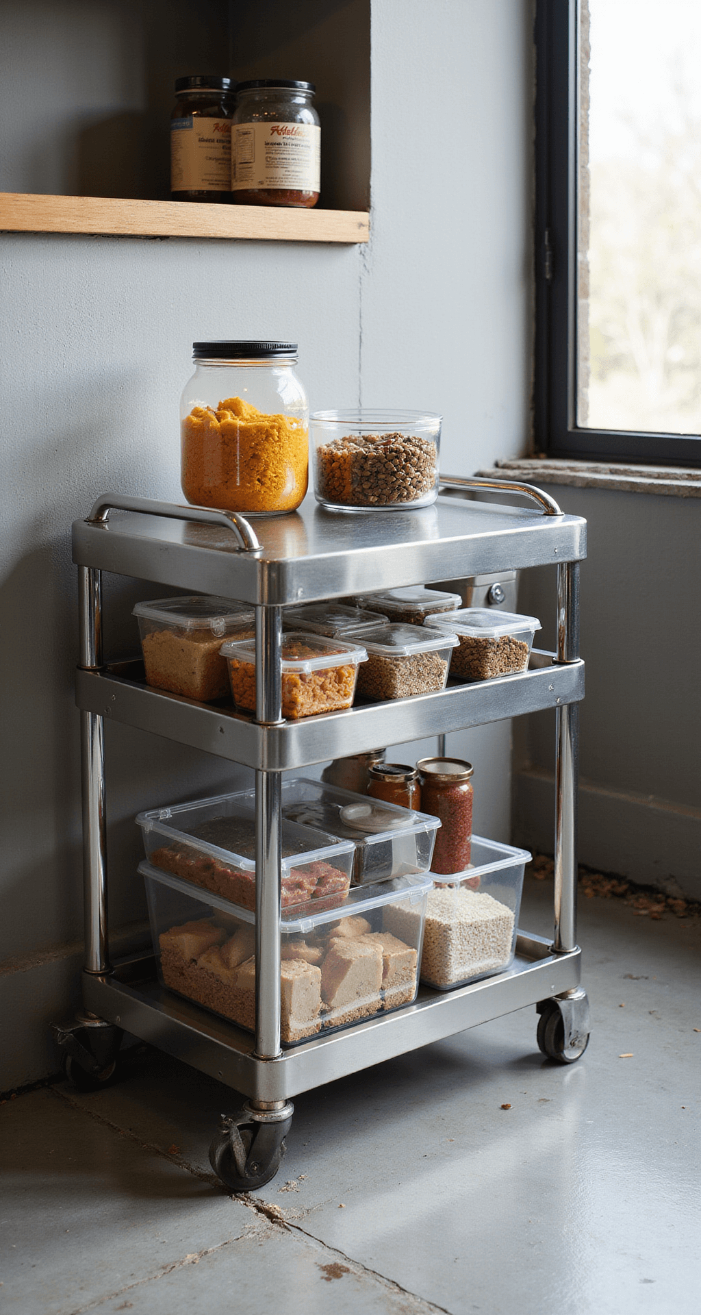 A low-angle view of an industrial-style chrome cart with clear bins filled with dry goods, captured in natural side lighting on a concrete floor, highlighting the mobile pantry unit's urban modern aesthetic.