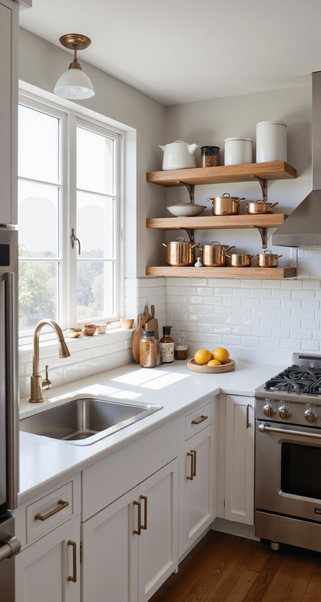 A well-lit compact kitchen with white shaker cabinets and brass hardware, featuring vertical storage, a magnetic knife strip, and floating wooden shelves with copper pots, captured from a high corner angle with morning sunlight illuminating the space.
