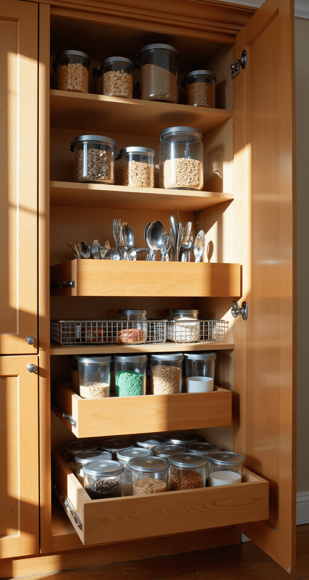 Low-angle shot of a well-organized cabinet interior with open doors, featuring bamboo drawer organizers for utensils, stacked clear acrylic containers filled with colorful dry goods, and chrome baskets, all highlighted by warm afternoon lighting and dramatic shadows.