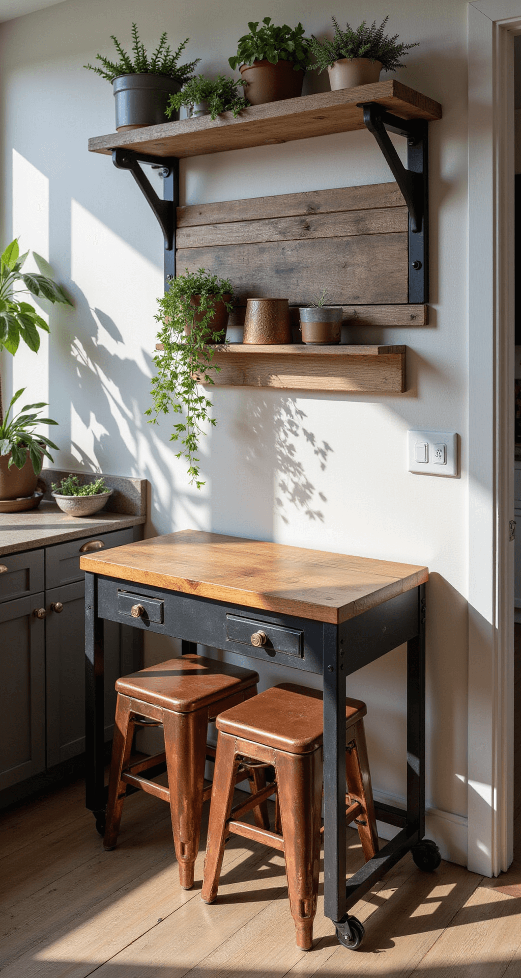 Wide-angle view of a 10x12ft kitchen with multifunctional furniture, including an industrial-style rolling cart with a butcher block top as an island, a fold-down weathered oak table, and three copper-toned nesting stools. Afternoon sunlight casts long shadows across the space, highlighting the industrial gray, warm wood, and metallic copper color scheme.