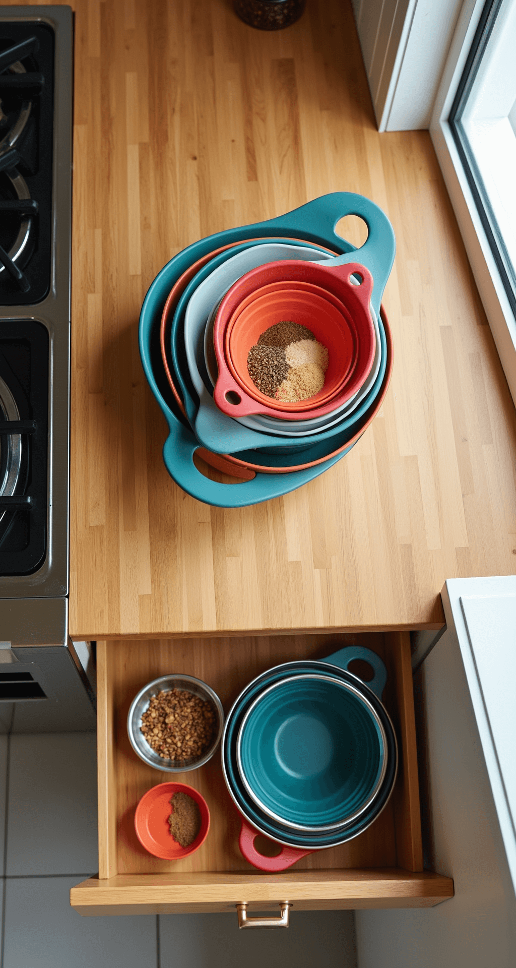 Overhead view of a multifunctional kitchen workspace featuring a bamboo cutting board with a storage drawer revealing organized spices, alongside nested jewel-toned silicone colanders and stainless steel bowls, illuminated by natural morning light.