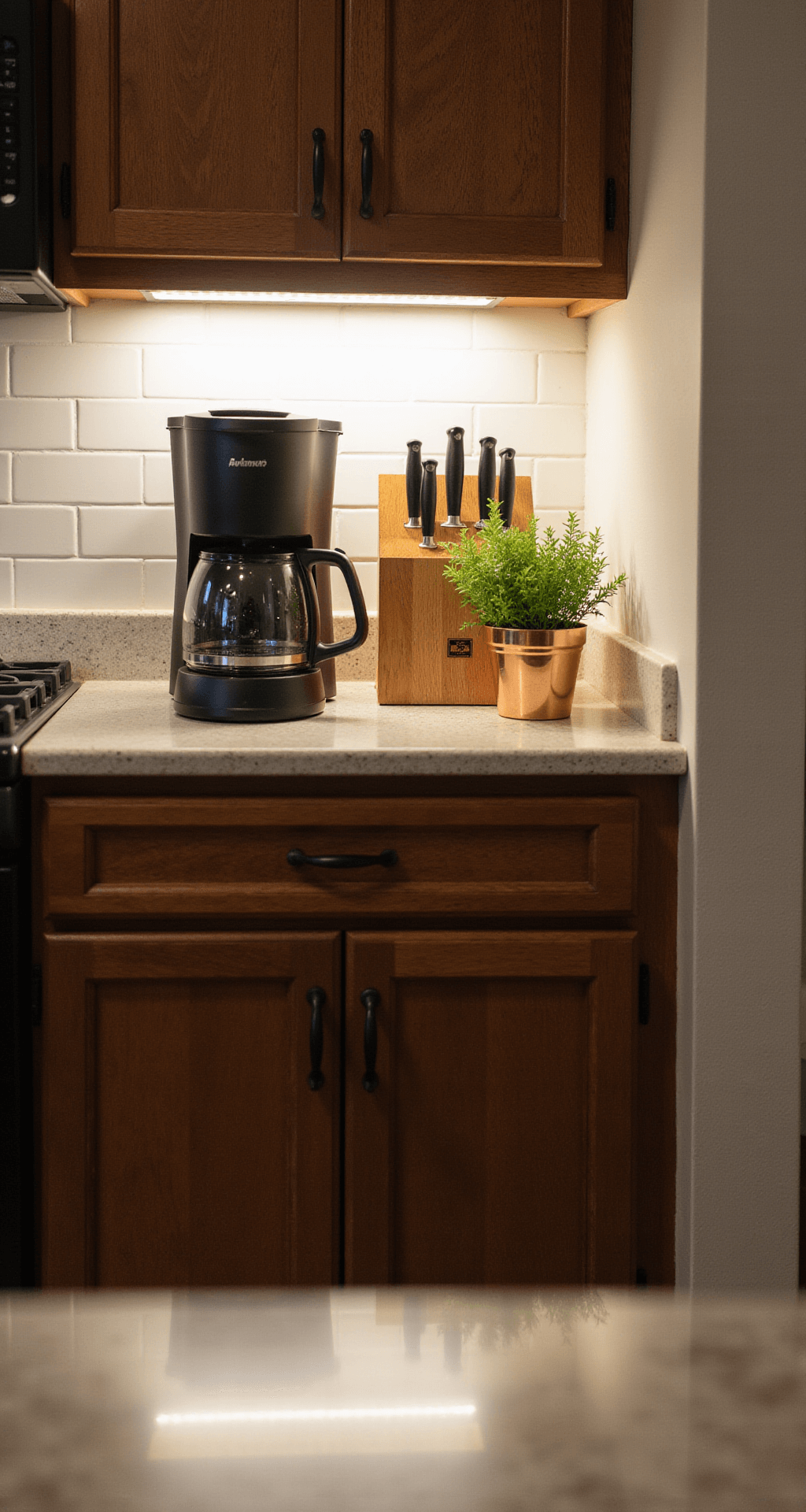 Eye-level shot of a minimal countertop vignette featuring a sleek coffee maker, wooden knife block, and a small herb garden in copper pots, illuminated by soft under-cabinet LED lighting during golden hour, highlighting deep wood tones and green accents.