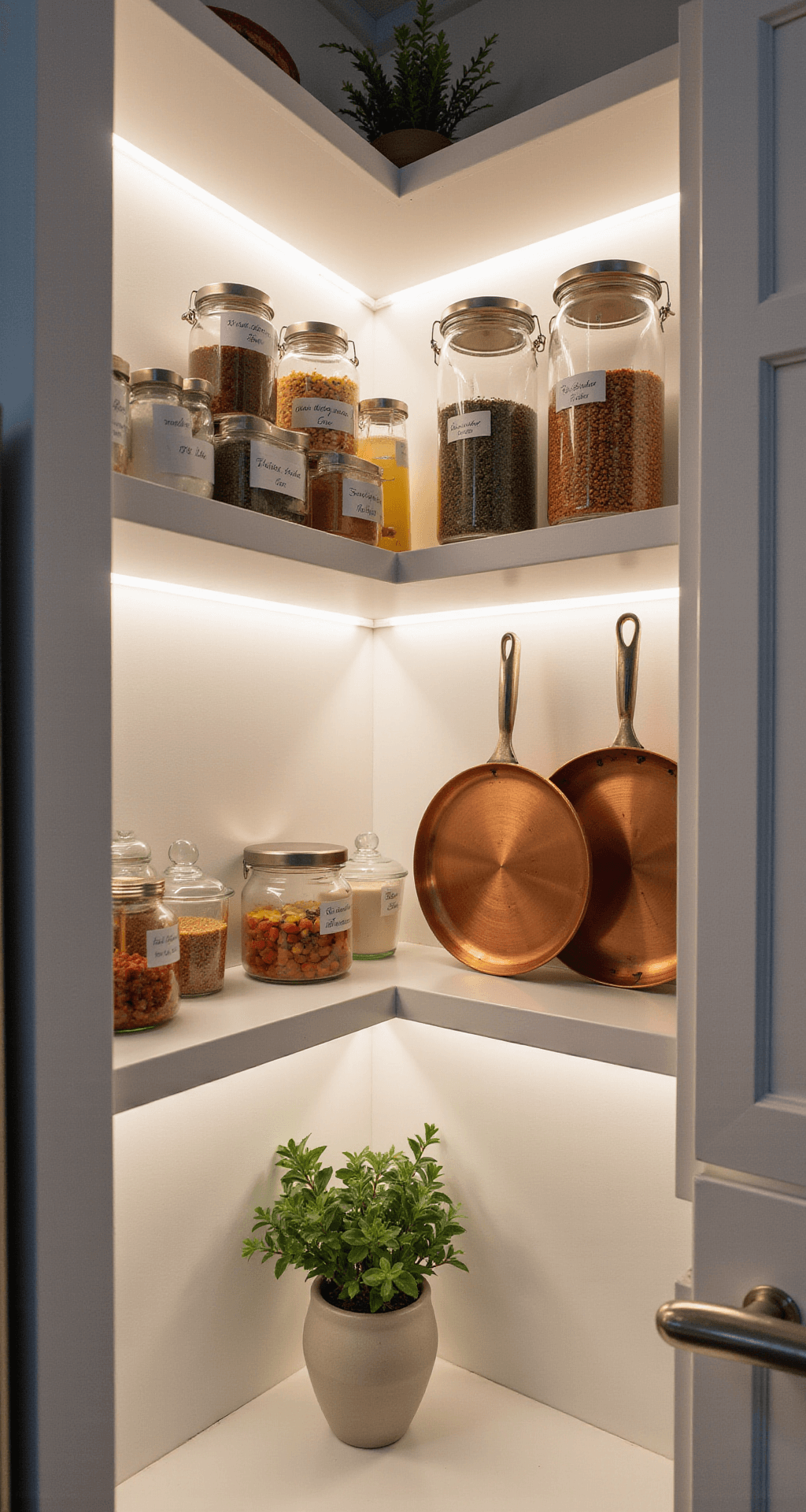 Dynamic kitchen corner with LED strip lighting highlighting vertical storage, white floating shelves with labeled containers, and hanging copper cookware, captured in evening ambiance.