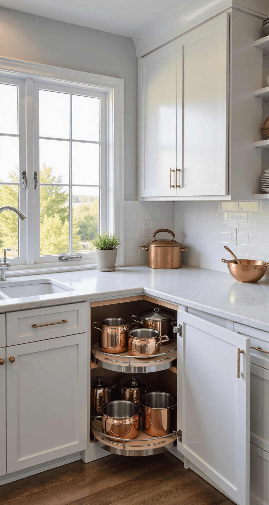 A bright modern kitchen featuring a corner base cabinet with a premium stainless steel Lazy Susan, displaying organized copper pots and ceramic bowls, under natural morning light with soft shadows on white shaker cabinets and marble countertops, accented with a small potted herb and high-end cookware in a cool white and metallic color palette.