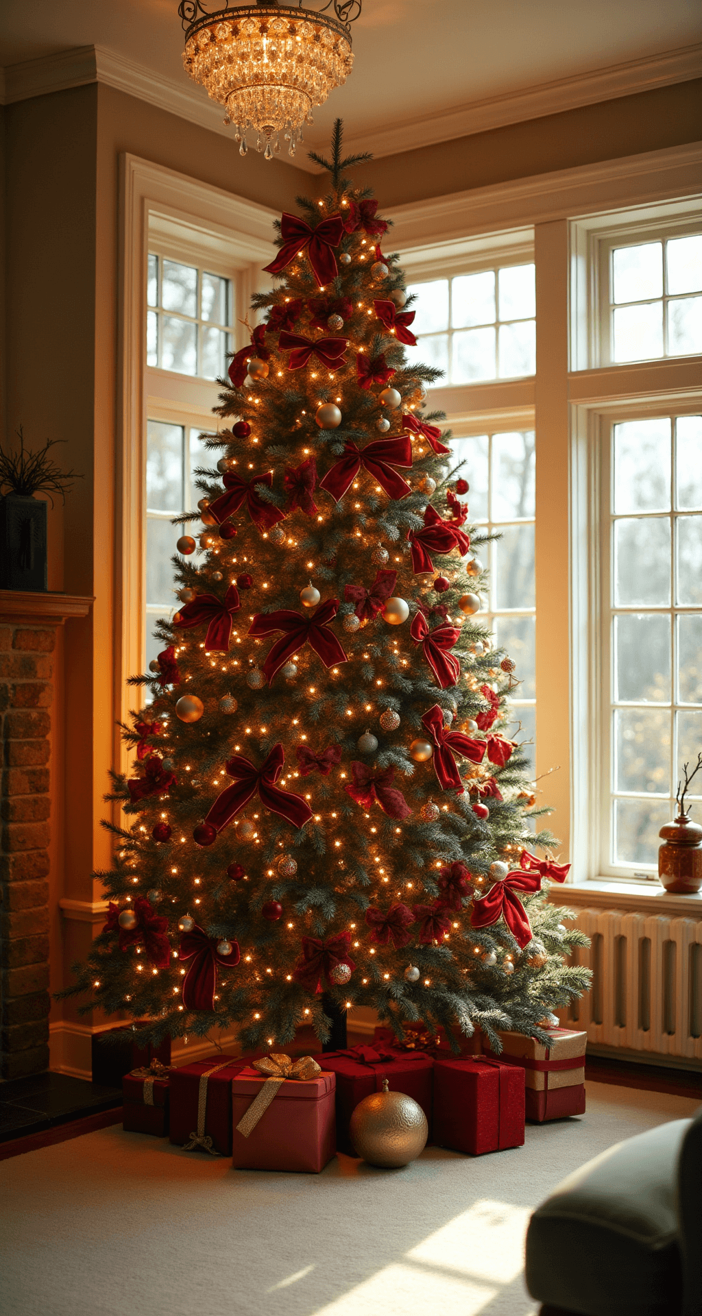 Expansive living room with 12ft ceilings and bay windows, featuring a 9ft Fraser fir Christmas tree adorned with warm white LED lights and elegant red velvet and gold lamé ribbons, surrounded by vintage and modern ornaments, all illuminated by soft afternoon light.
