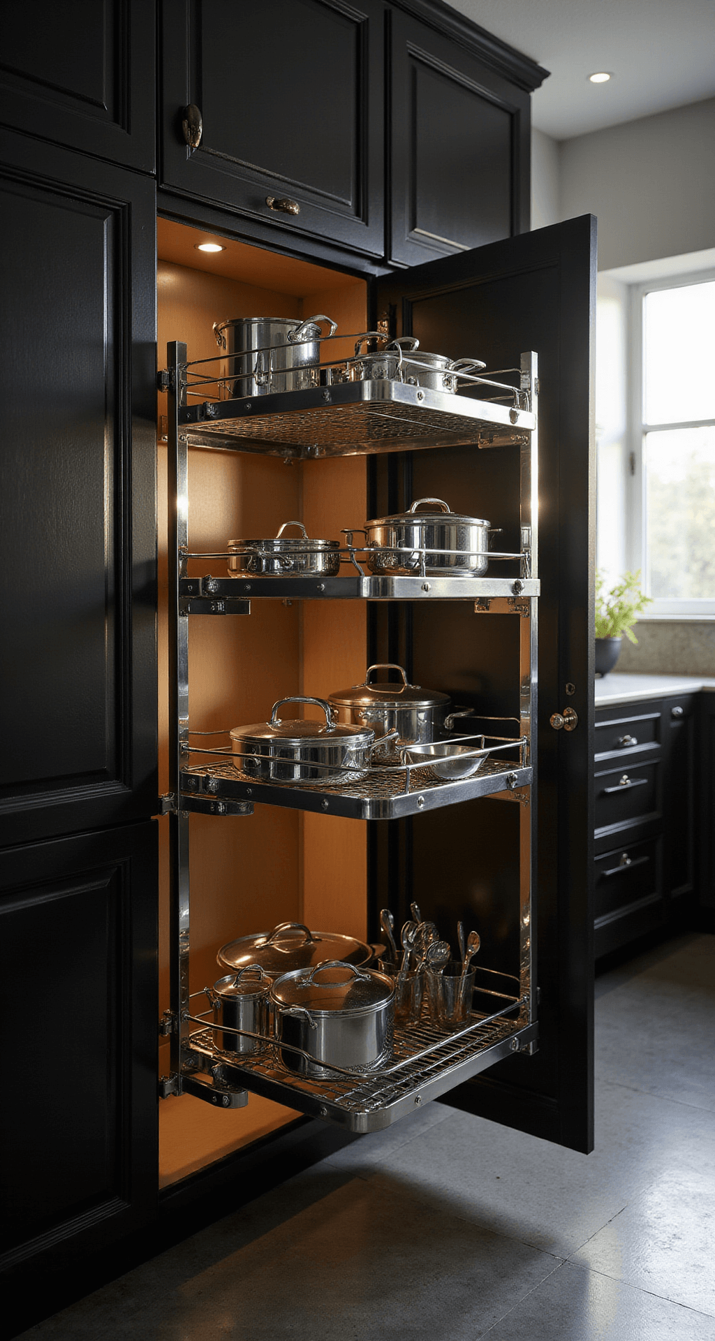 Detailed shot of a professional kitchen corner cabinet with a chrome pull-out shelf system, illuminated by late afternoon sunlight. The unit, fully extended, reveals neatly organized cookware against dark espresso cabinets, with dramatic side lighting highlighting mechanical elements and smooth gliding action. The camera is positioned at a low 45-degree angle, creating deep shadows that contrast with the gleaming metal finishes in an industrial-modern aesthetic of black, chrome, and warm wood tones, complemented by matching utensil sets.