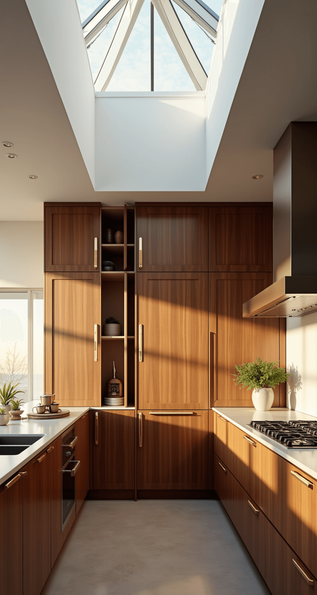 Custom diagonal corner cabinet in a spacious chef's kitchen, illuminated by golden hour lighting, showcasing rich walnut finish and brushed gold hardware. Internal organization is visible through partially opened doors, styled with professional cookware against a backdrop of warm wood tones and metallic accents. Wide-angle view captures the full height and context of surrounding cabinetry.