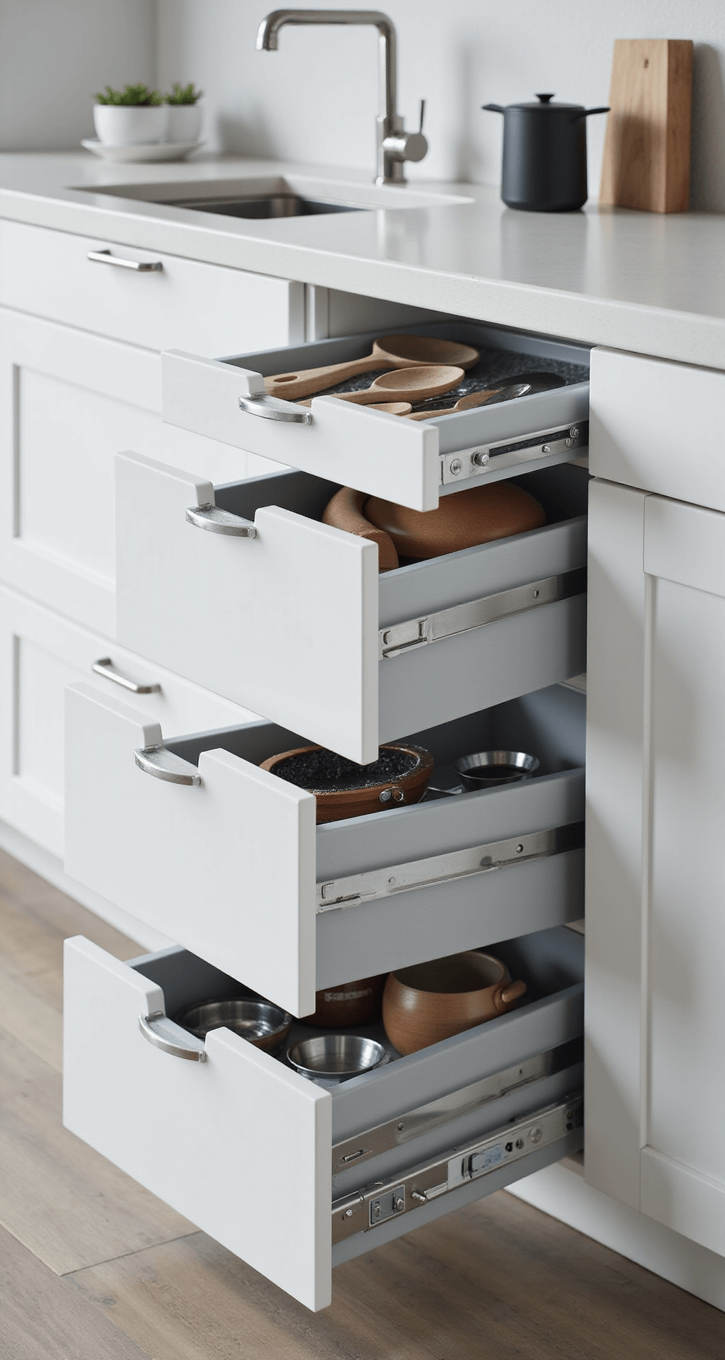Modern commercial kitchen showcasing an innovative corner drawer system with three-tiered drawers at angles, filled with organized cooking tools on light grey liners, illuminated by cool morning light; focus on smooth drawer faces and chrome hardware amid a minimalist design with vibrant cooking tools.