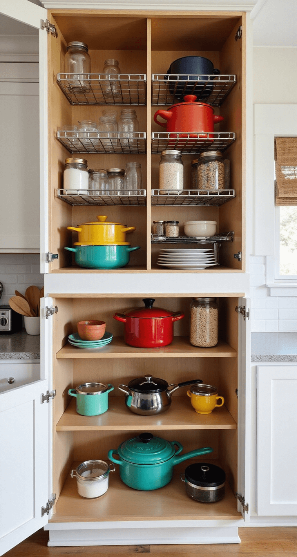 A wide-angle view of an organized kitchen corner cabinet, showcasing budget-friendly DIY storage solutions with chrome wire racks, clear acrylic dividers, and wooden shelves, all illuminated by soft afternoon light. The cabinet is filled with colorful cookware and mason jars, highlighting a warm wooden aesthetic with silver accents.