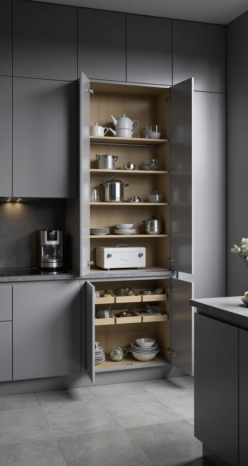 Modern kitchen vignette featuring a designer corner cabinet with an adjustable organizer system, showcasing high-end cookware and appliances under dramatic evening lighting from under-cabinet LEDs, with a focus on modular components and smooth finishes in monochromatic greys and subtle metallic highlights.