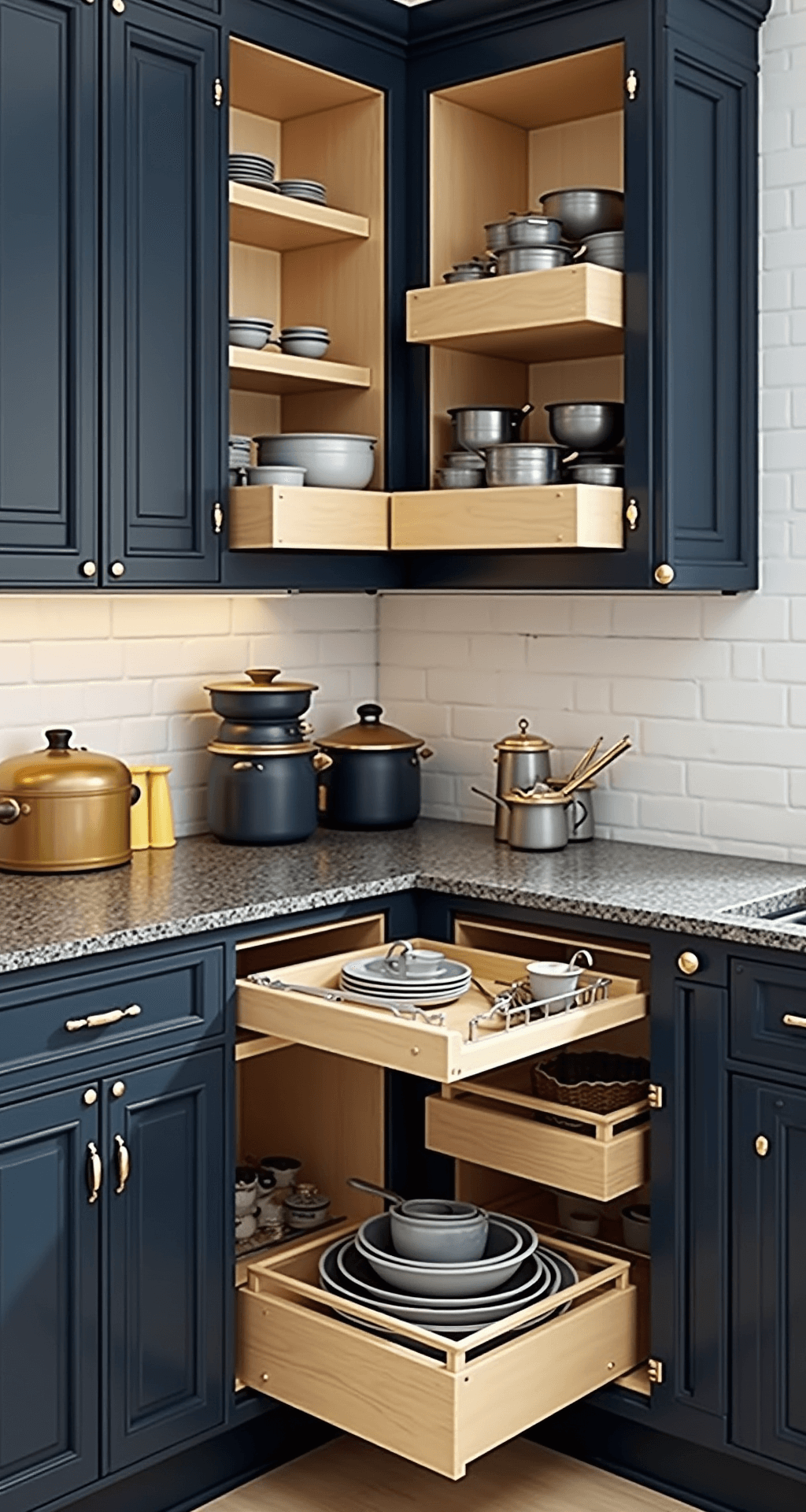 Detail-oriented kitchen study showcasing a corner storage solution with pull-out shelves, rotating organizers, and custom dividers in bright midday lighting. Close-up of hardware and mechanisms emphasizes smooth operation, styled with matching container sets and professional-grade cookware against rich navy cabinets with brass accents.