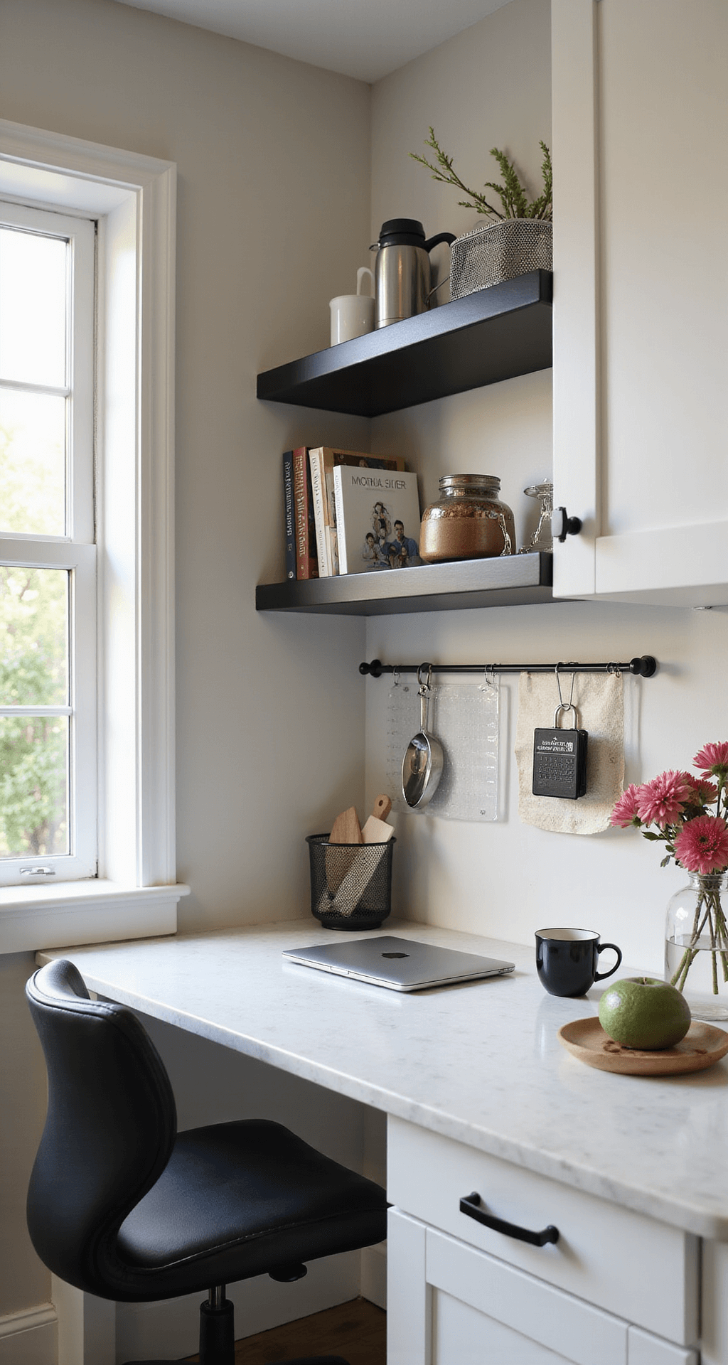 Interior view of a bright white kitchen nook featuring a built-in desk with a Carrara quartz top, floating matte black shelves, and a leather office chair, adorned with a MacBook, coffee mug, and fresh flowers, all illuminated by warm morning light.