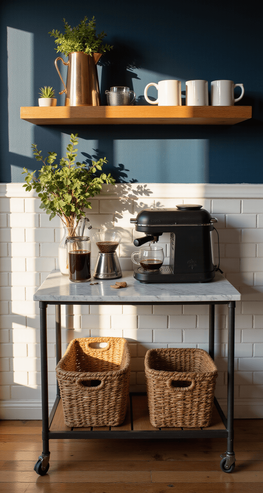 Luxurious coffee station vignette featuring a marble-topped bar cart against a navy blue wall, illuminated by warm afternoon light. The setup includes a copper and glass French press, a matte black espresso machine, and artisanal mugs on floating shelves, with woven baskets of coffee beans below. Accents include a vintage grinder, milk frother, and a potted succulent, all enhanced by a white subway tile backsplash. The image is captured slightly above eye level, highlighting dramatic shadows and soft side lighting.
