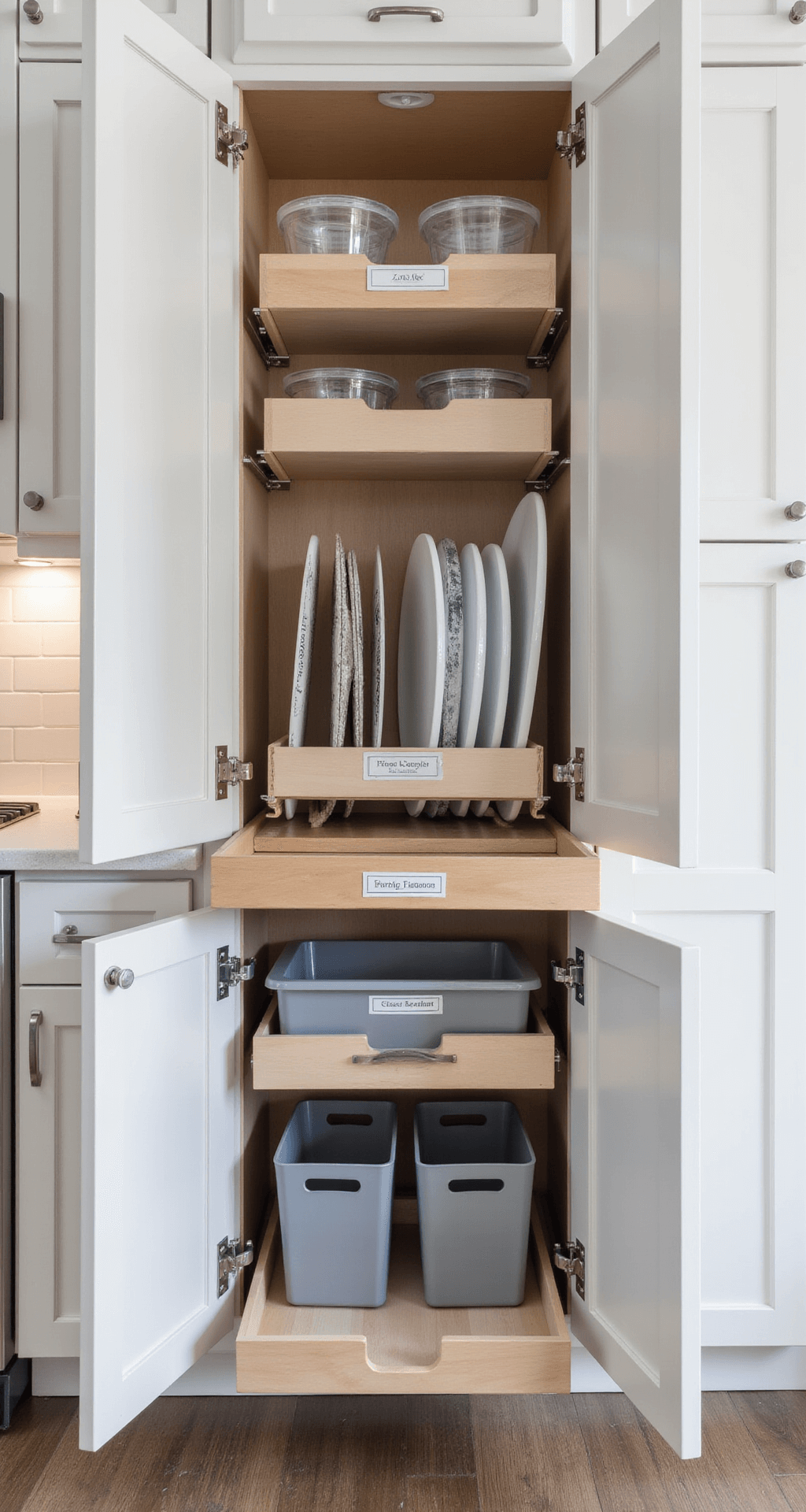 Modern bright kitchen showcasing custom white shaker cabinets with integrated toe-kick drawers, featuring pull-out organizing systems for baking sheets and cutting boards, clear acrylic containers, and labeled bins in cool grey tones, captured with a wide-angle lens in studio lighting.