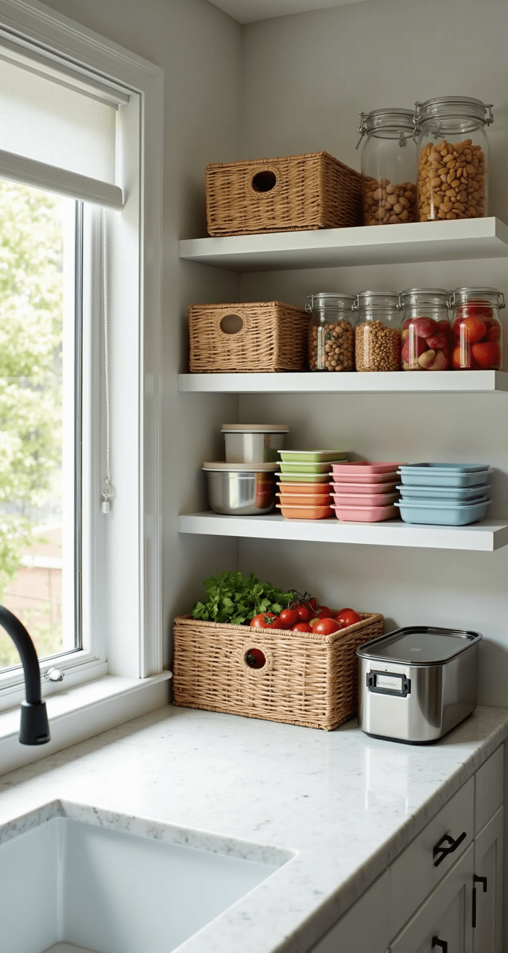 A professional-grade lunch prep station with a 6-foot white quartz counter, built-in prep containers, and cutting boards, featuring open shelving with color-coded meal prep containers and fresh produce in woven baskets, captured from above in natural morning light.