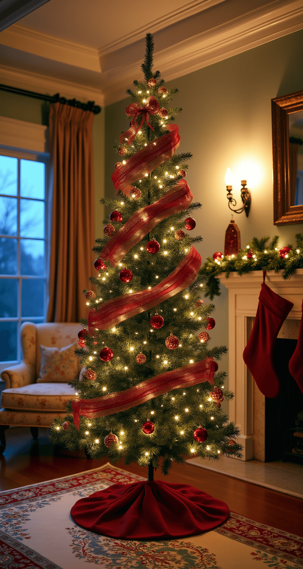 Intimate family room during blue hour, featuring a coffered ceiling and illuminated by tree lights. A slim artificial Christmas tree adorned with red glass balls and gold filigree ornaments stands center stage, with garnet silk and gold ribbon weaving through its branches. A cream and burgundy Persian rug lies beneath, while a stone fireplace with stockings decorates the background. The angle is slightly below eye level, highlighting the room's height, with soft fill light from multiple speedlights.
