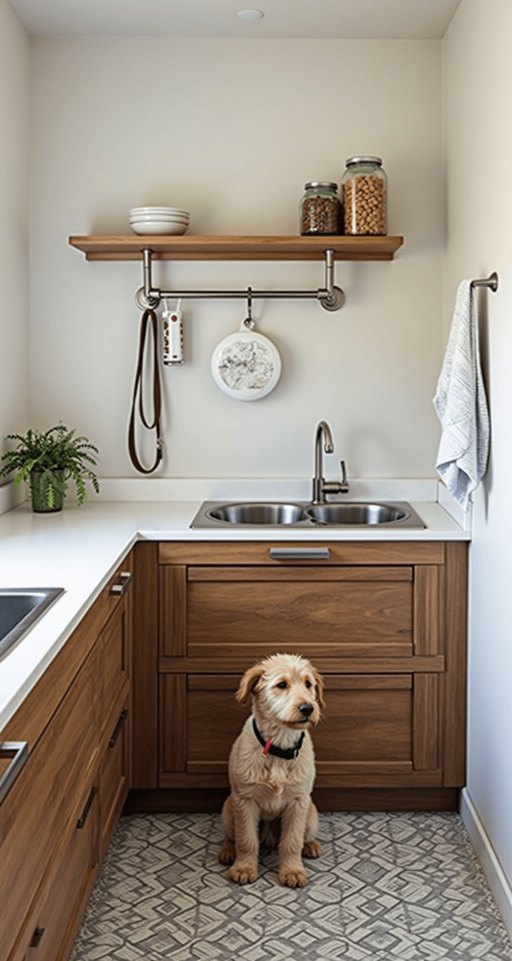 Pet-friendly kitchen corner with a custom-built feeding station, pull-out stainless steel bowls, walnut storage drawers, a grey and white geometric tile mat, a polished chrome leash organizer, and artisanal pet treats in glass jars, all captured in soft afternoon light from a pet's eye level.