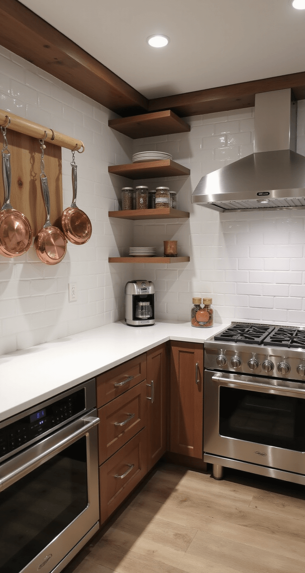 An ergonomic L-shaped kitchen with an 8'x6' counter, featuring floating shelves, a magnetic knife strip, and copper cookware on a ceiling rack. Includes pull-out spice organizers, an integrated cutting board, and stainless steel chef-grade appliances, all captured in professional lighting from a corner angle.