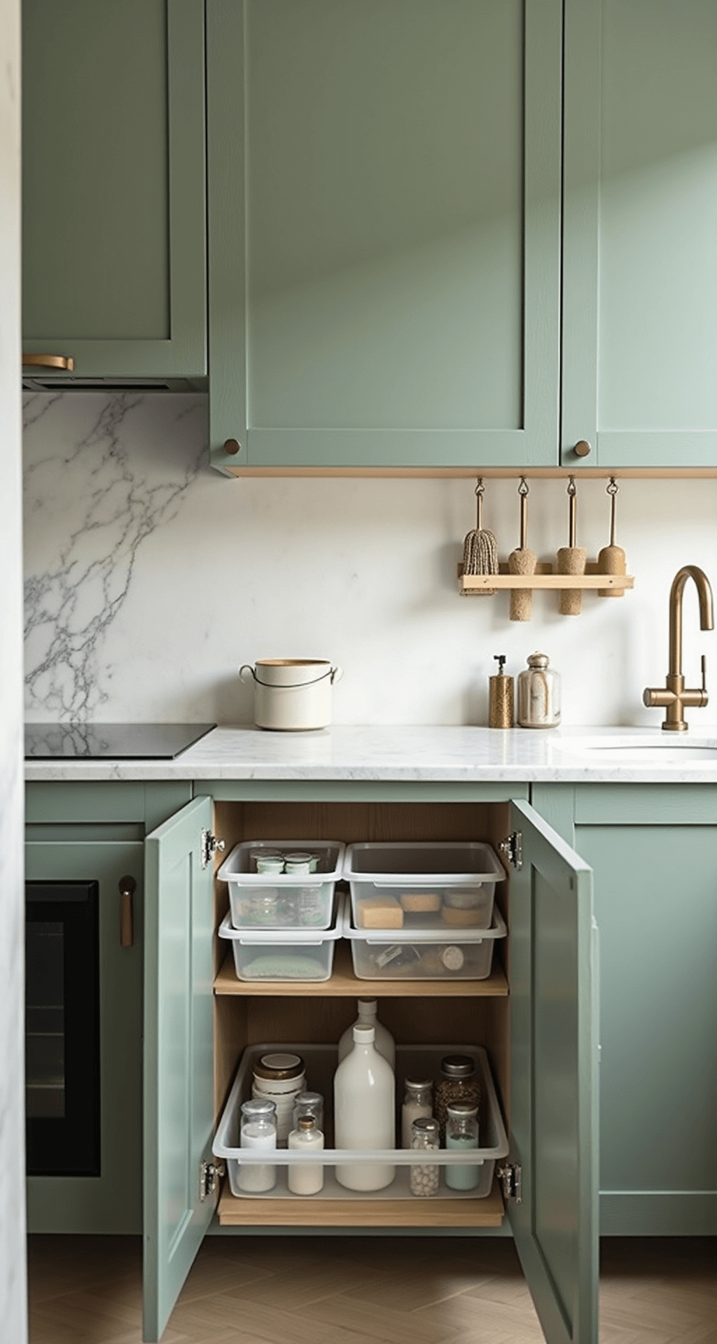 Minimalist under-sink cabinet in sage green with brass hardware, featuring a pull-out organizational system and clear bins for supplies. Wall-mounted rack displays cleaning tools in matching metals, all illuminated by soft morning light.