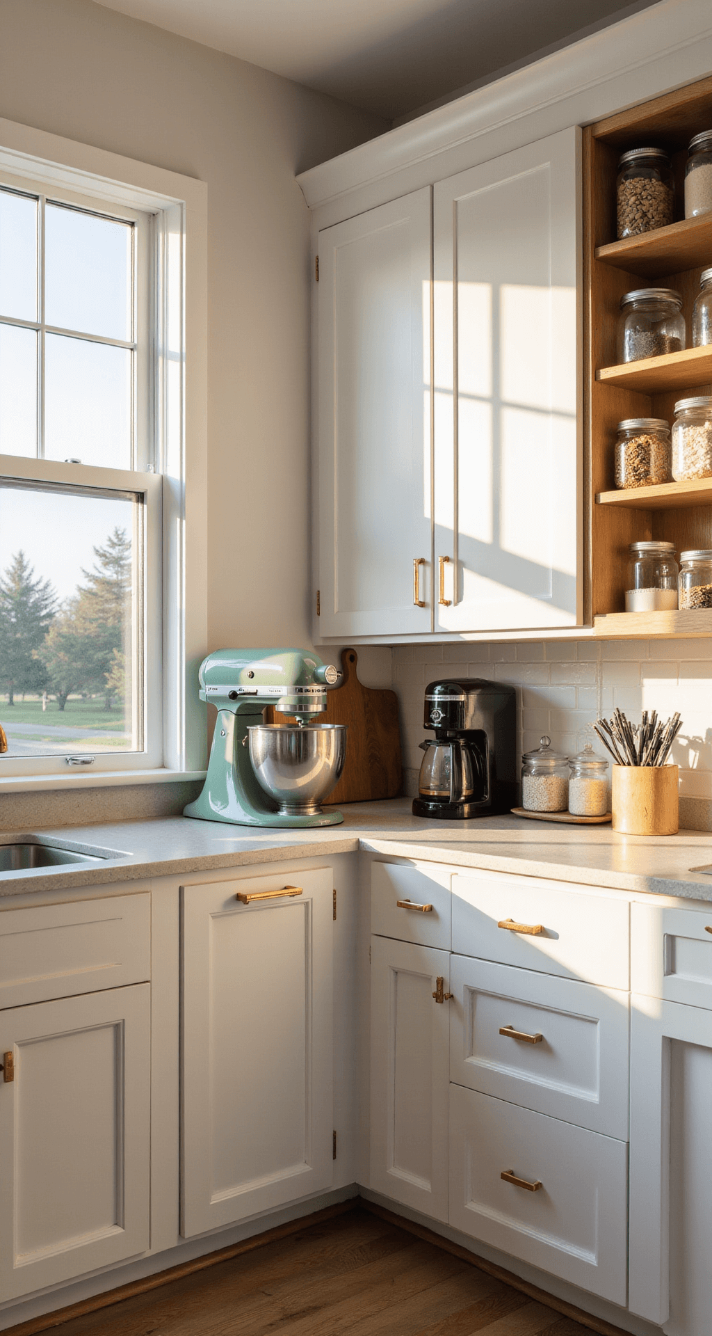 A modern kitchen during golden hour with sunlight streaming through large windows, featuring decluttered quartz countertops, a sage green KitchenAid mixer, a wooden cutting board, and an organized coffee station. White shaker cabinets with brass hardware and clear glass canisters with pantry staples line the back wall, all captured in soft natural light enhanced by pendant lights. The scene conveys a serene and pristine atmosphere.