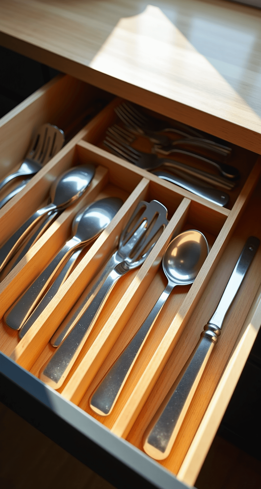 Close-up view of a well-organized kitchen drawer with bamboo dividers, showcasing gleaming stainless steel utensils and professional-grade compartments for serving spoons, spatulas, and measuring tools, illuminated by natural daylight.