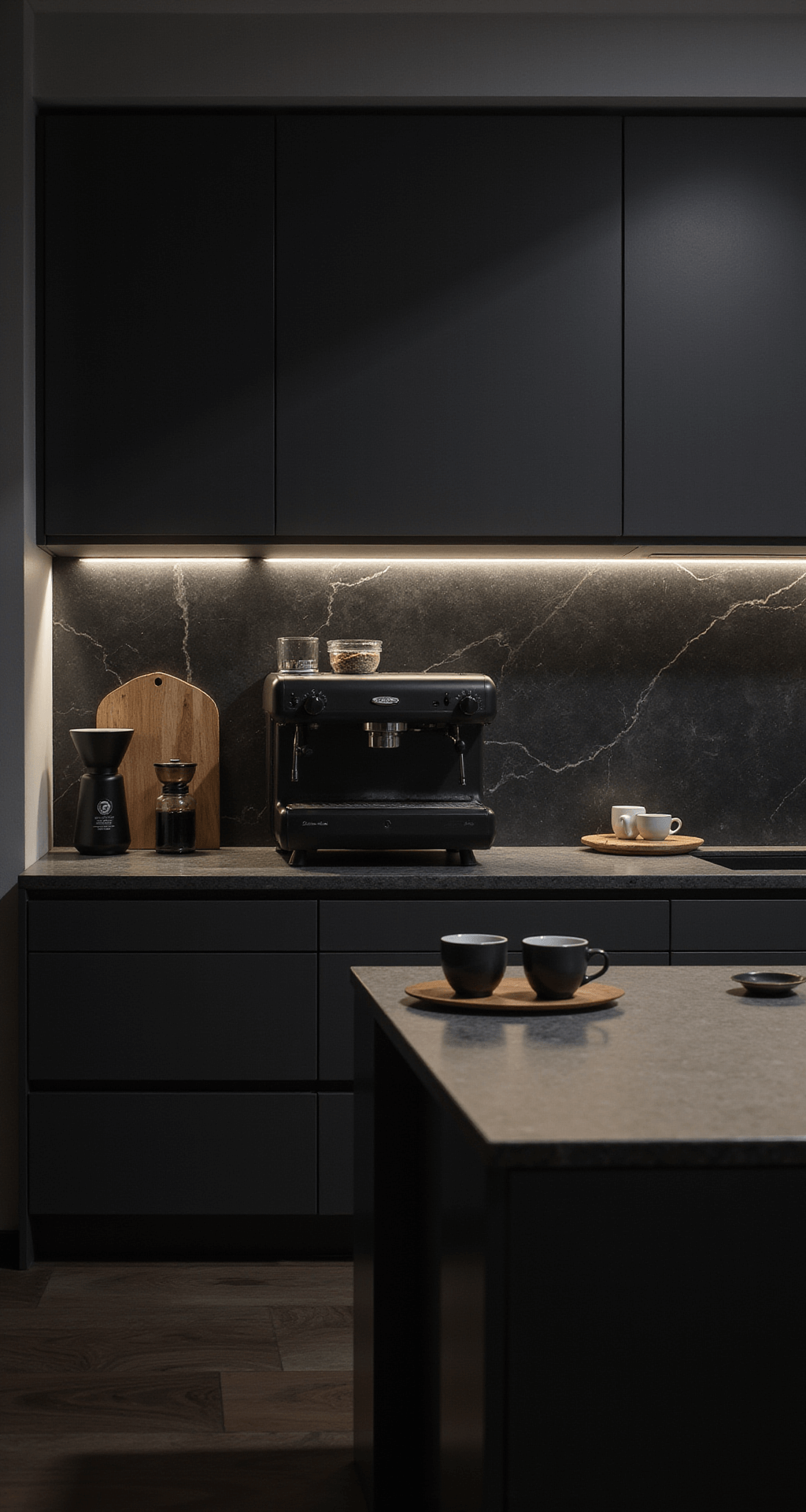 A cozy kitchen counter vignette at dusk with moody under-cabinet lighting, showcasing a matte black coffee station with an espresso machine, grinder, and minimalist mugs on a wooden tray, set against a dark marble backsplash that reflects ambient light.
