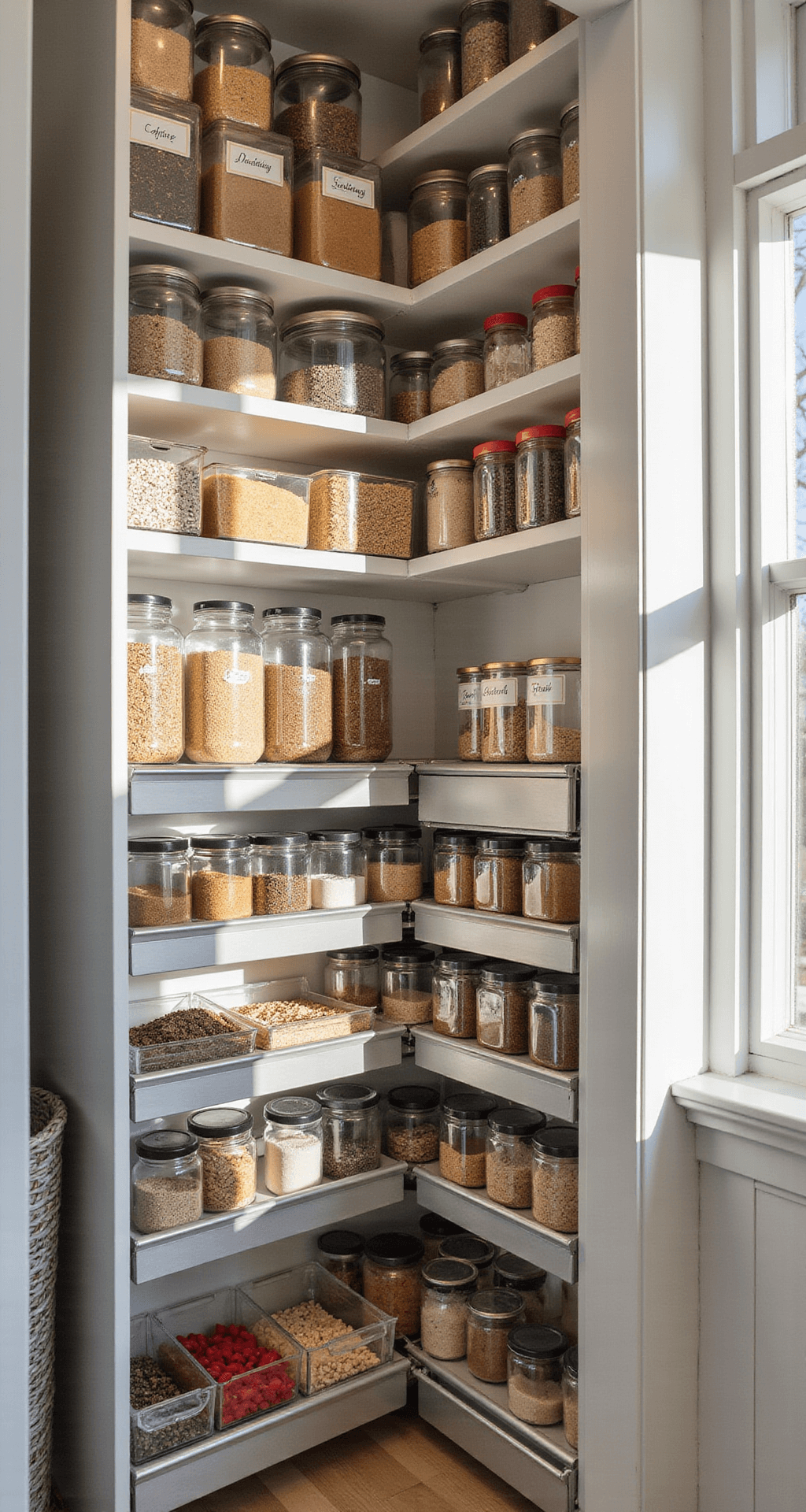 Architectural interior image of a tall, organized pantry bathed in morning light, featuring clear acrylic containers with color-coordinated dry goods and neatly labeled spice jars in chrome pull-out drawers.
