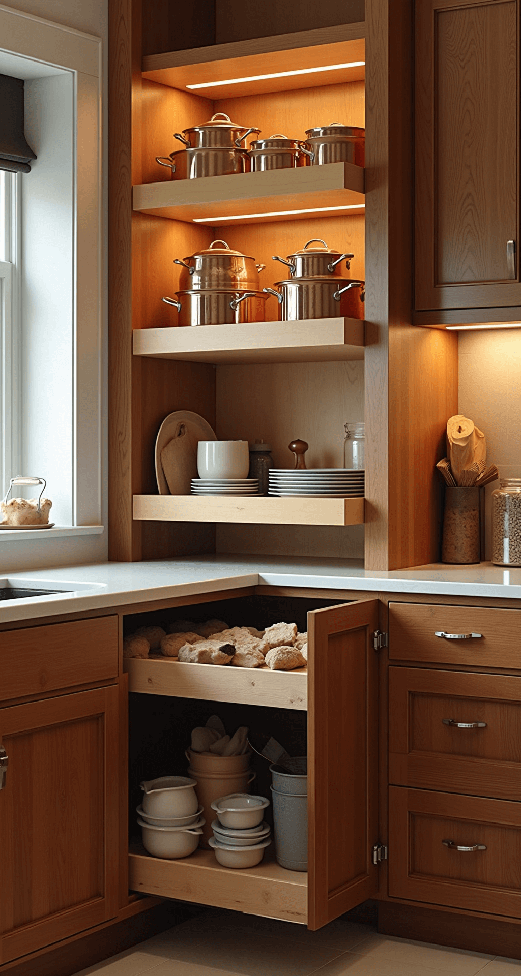 Detail shot of a well-organized cabinet interior featuring nested copper cookware on pull-out shelving, illuminated by mid-morning light and professional overhead lighting. The image highlights vertical storage solutions with neatly arranged cutting boards and baking sheets, complemented by rich wood tones and brushed nickel hardware, conveying a warm and functional atmosphere.