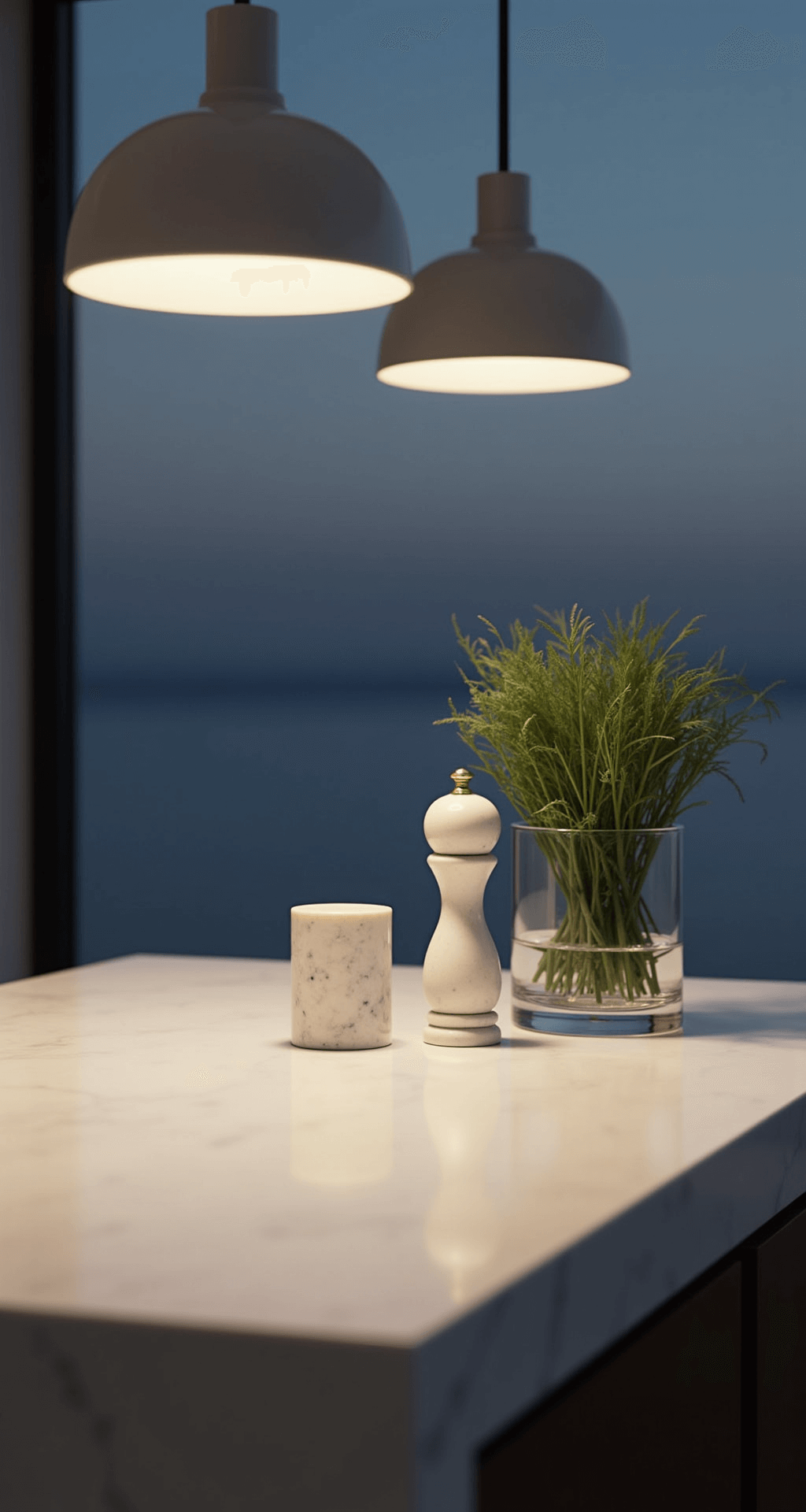 An elegant minimalist kitchen island at twilight, illuminated by soft, diffused lighting from modern pendant fixtures. The clean quartz surface displays only essential items: a marble salt cellar, a pepper mill, and fresh herbs in a clear glass. The shot is taken from standing height, highlighting the negative space and creating a calm and cultivated mood.