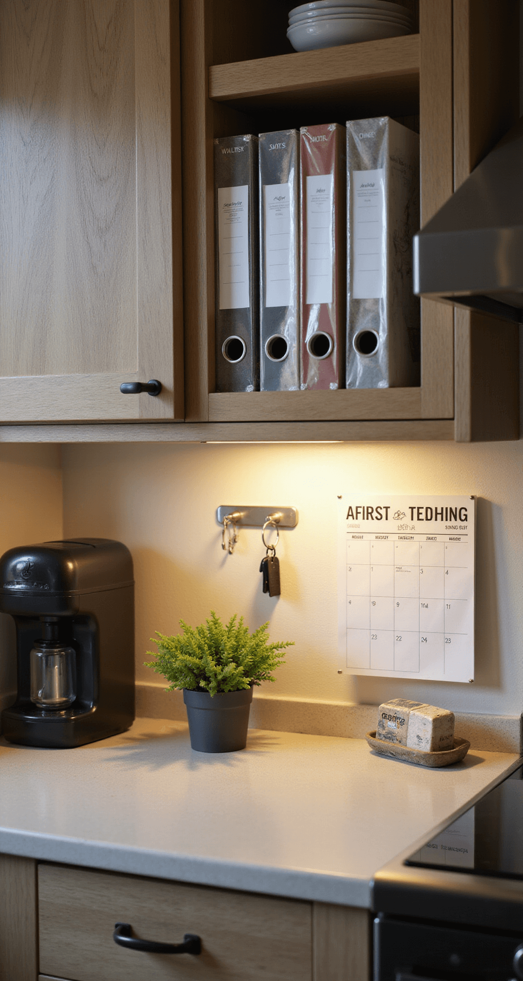 A well-organized kitchen command center at dawn, featuring a sleek mail station with vertical acrylic files, a calendar, and key hooks, illuminated by natural sidelight and subtle under-cabinet lighting, captured straight-on with a shallow depth of field.