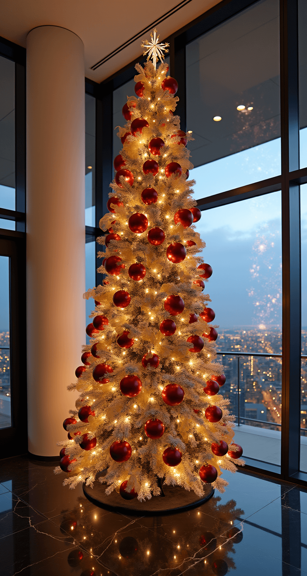 A modern great room with 15ft floor-to-ceiling windows showcasing a city skyline at dusk. A 10ft artificial flocked tree stands against minimal white walls, surrounded by oversized matte red spheres and geometric gold ornaments. Sheer gold organza ribbon loops add elegance, while black marble floors reflect the tree's lights, captured from a dramatic corner perspective.