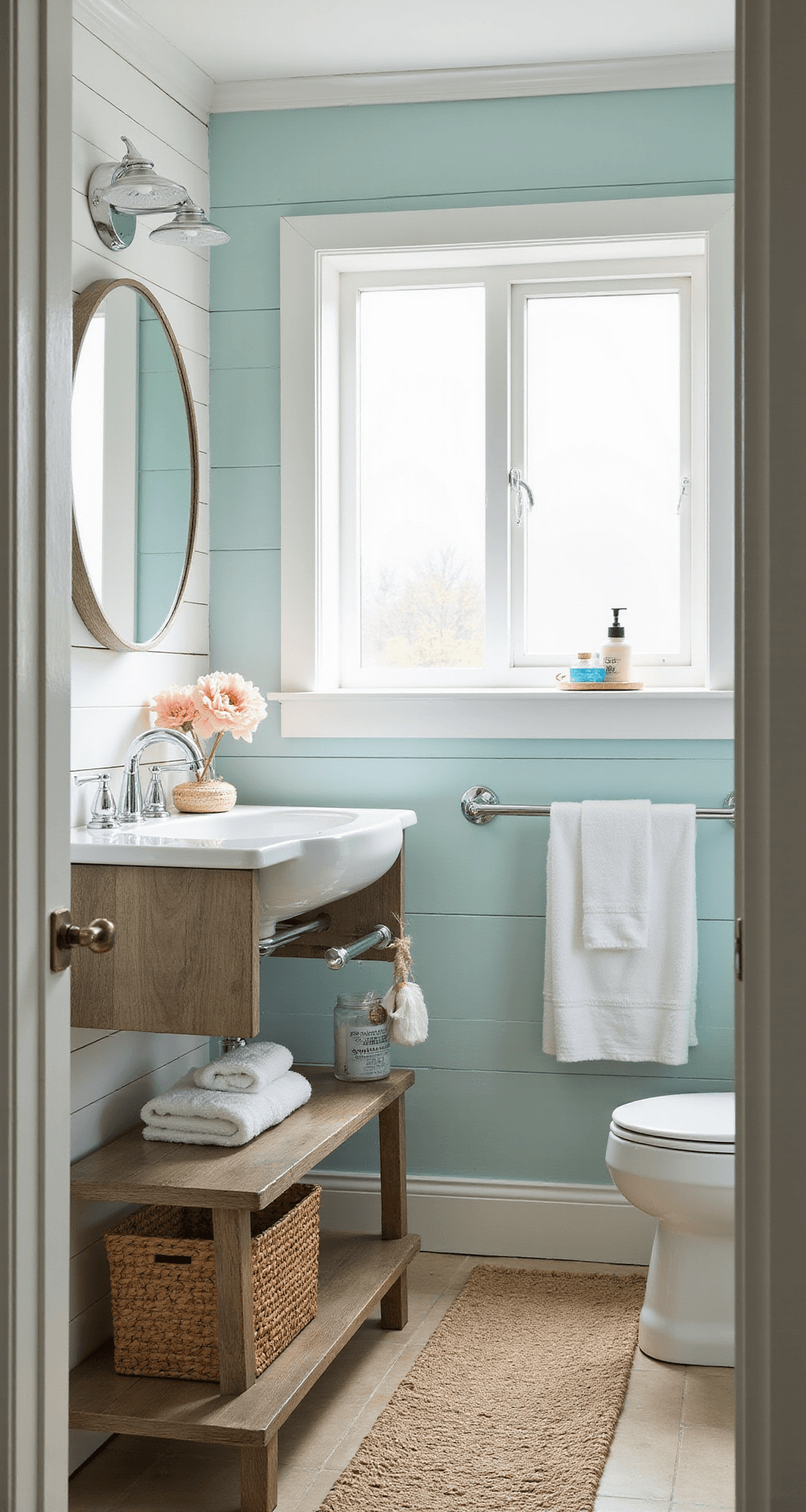 A compact bathroom featuring white shiplap walls, pale aqua tiles, and a floating driftwood vanity, illuminated by morning sunlight through a frosted window. Decor includes chrome fixtures, woven seagrass baskets, a round capiz shell mirror, Turkish cotton towels, and a natural jute bath mat. The scene captures a serene color palette of whites, soft aqua, and sand tones.