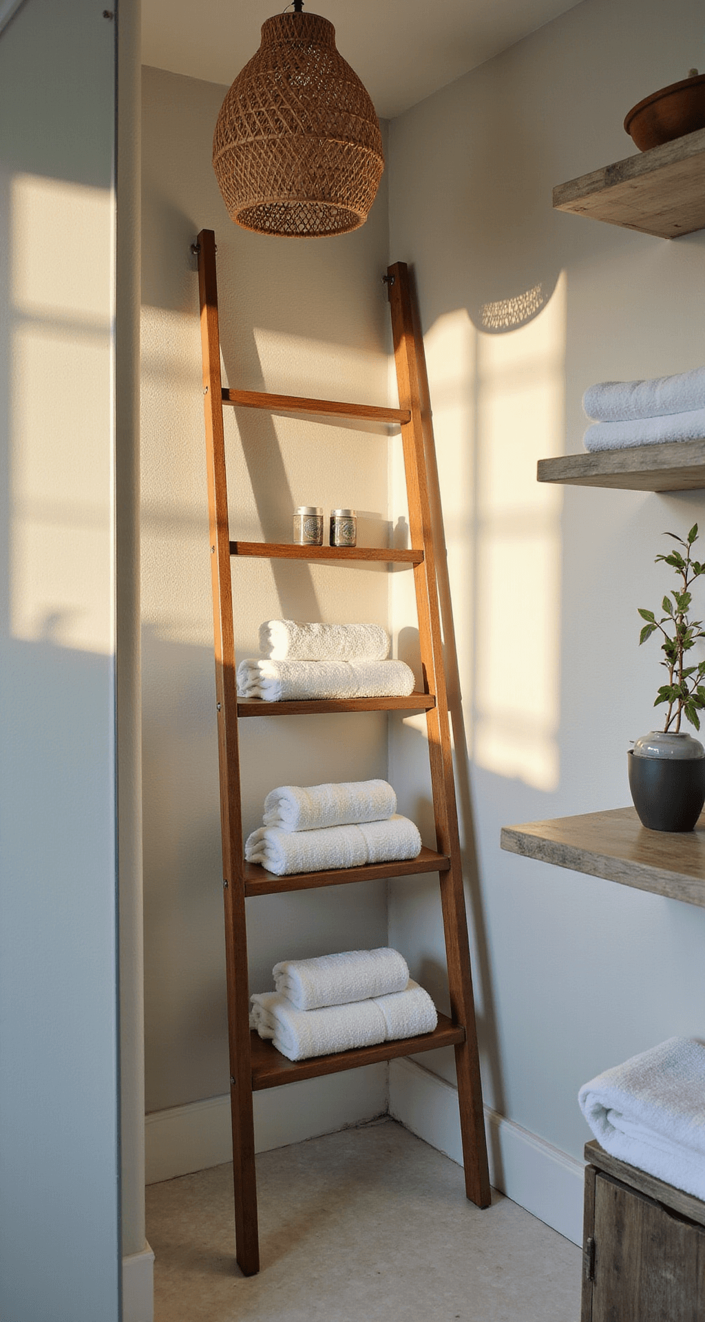 Intimate bathroom corner during golden hour, featuring a space-saving corner shower with seamless glass, white penny tiles, and walls painted in Benjamin Moore 'Ocean Air'. A slim teak ladder shelf displays rolled towels and coastal accessories, while a rattan light fixture casts intricate shadows. Floating shelves in whitewashed wood utilize vertical space, captured from a low angle with dramatic side lighting to enhance texture.