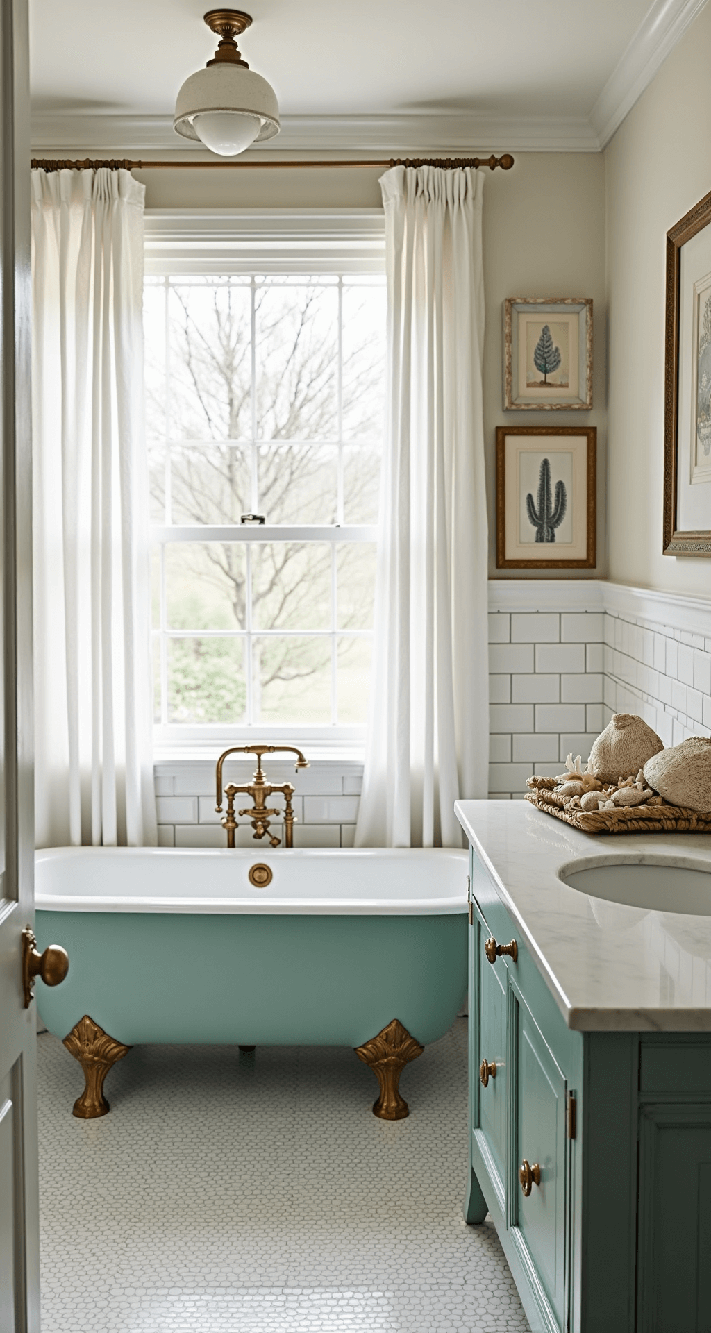 Bird's eye view of a luxurious bathroom featuring a clawfoot tub, white subway tiles, and vintage brass hardware, with soft afternoon light streaming through sheer linen curtains, curated shells on a marble cabinet, and coastal artwork in weathered frames.