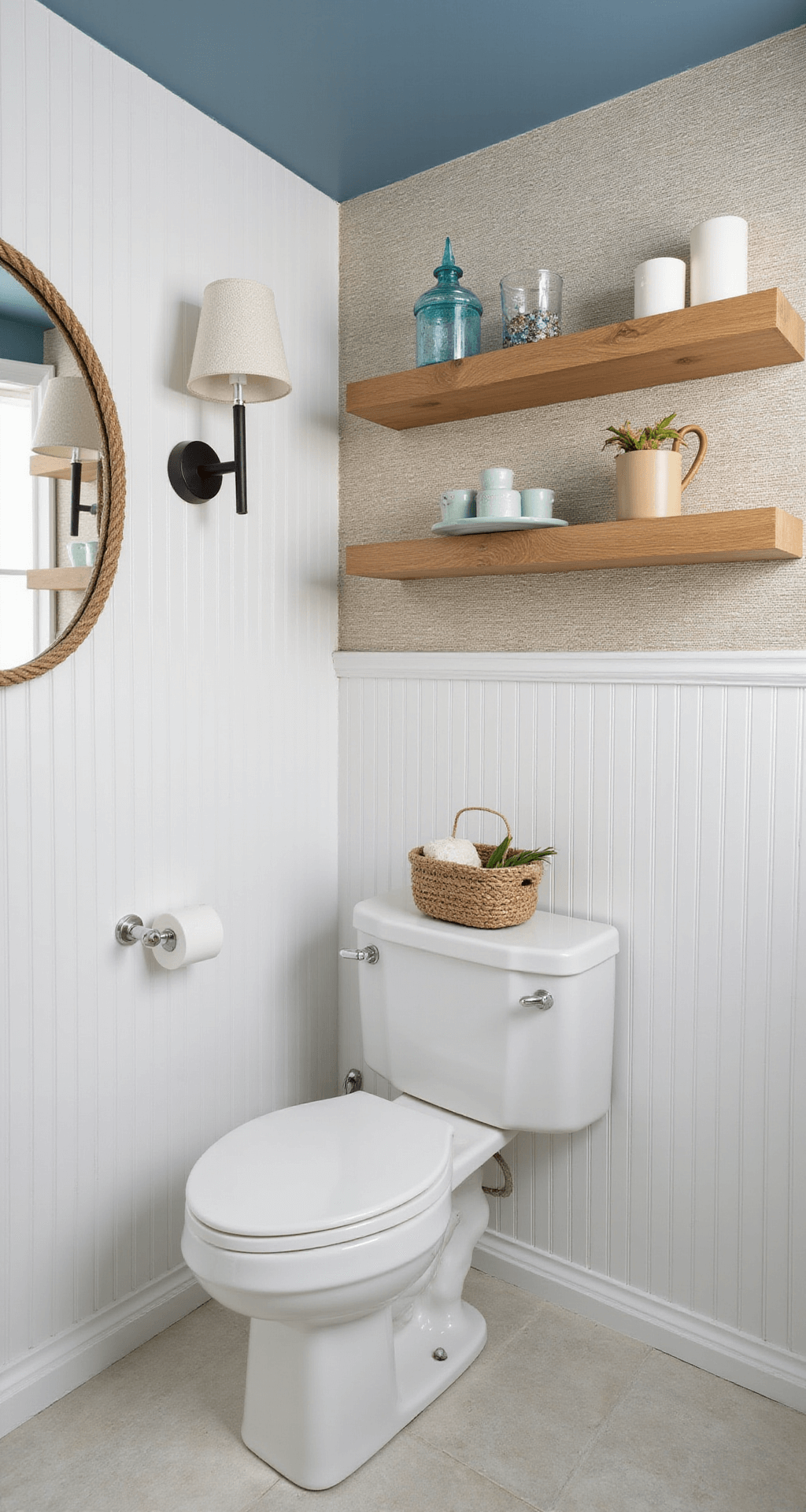 Side angle view of a compact powder room featuring white beadboard walls, a soft blue ceiling, modern sconces, and a rope-wrapped mirror, with floating oak shelves displaying coastal decor and textured grasscloth wallpaper above.
