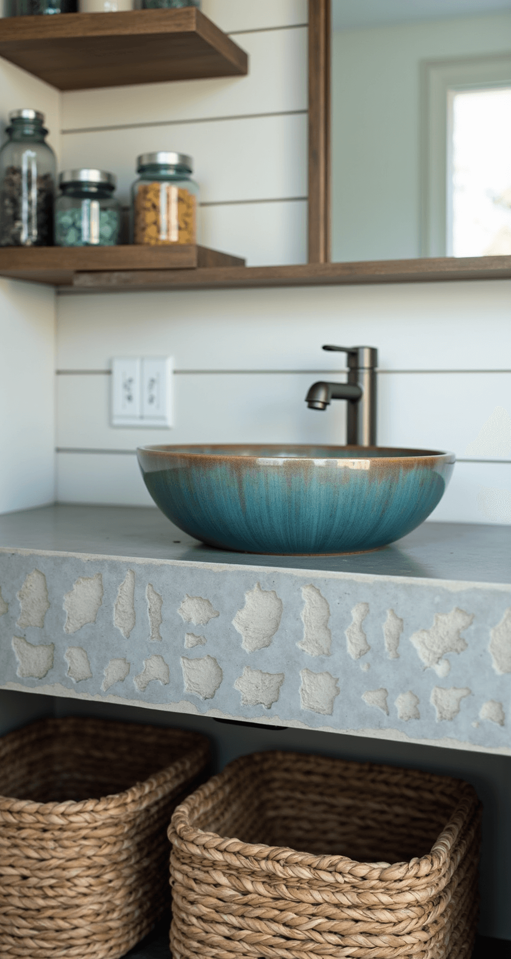 Detail shot of a bathroom vanity featuring a concrete countertop with shell impressions, a brushed nickel faucet, a ceramic vessel sink in blue tones, open shelving with apothecary jars of sea glass and sponges, and woven baskets for storage, all captured during blue hour with soft lighting.