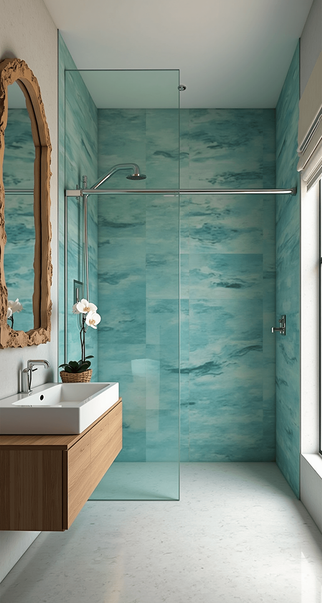 An eye-level view of a spacious 7x6ft bathroom showcasing a statement shower wall with oversized wave-patterned ceramic tiles in deep teal and pale aqua. A glass shower door reflects light onto a driftwood-framed mirror, while a white oak floating vanity brings warmth. Minimalistic décor features a large coral specimen and a white orchid, with abundant natural light enhanced by soft fill.