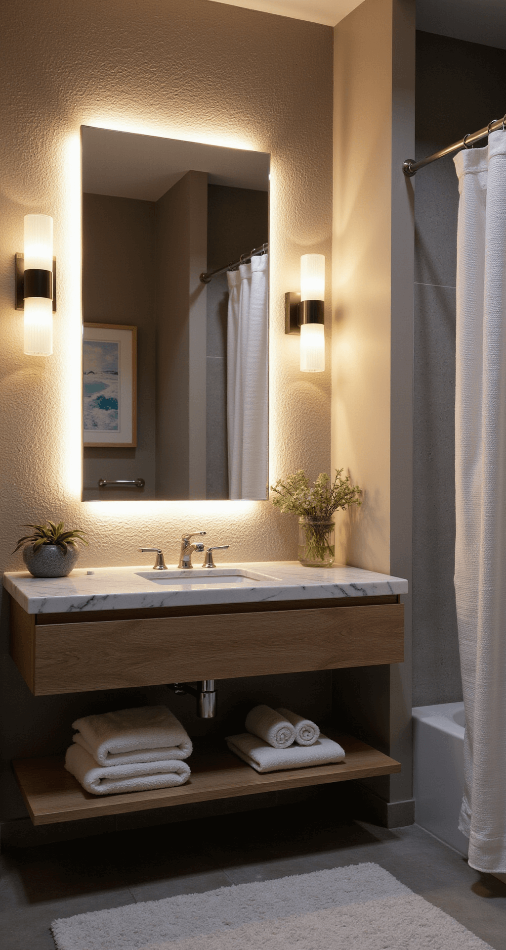 Atmospheric evening bathroom featuring a 6x7ft layout with an LED-backlit mirror, textured sand ripple wallpaper, modern sconces, a glass pendant light, a cerused oak floating vanity with a marble top, coastal artwork in lucite frames, and a white waffle weave shower curtain, captured from a corner angle.