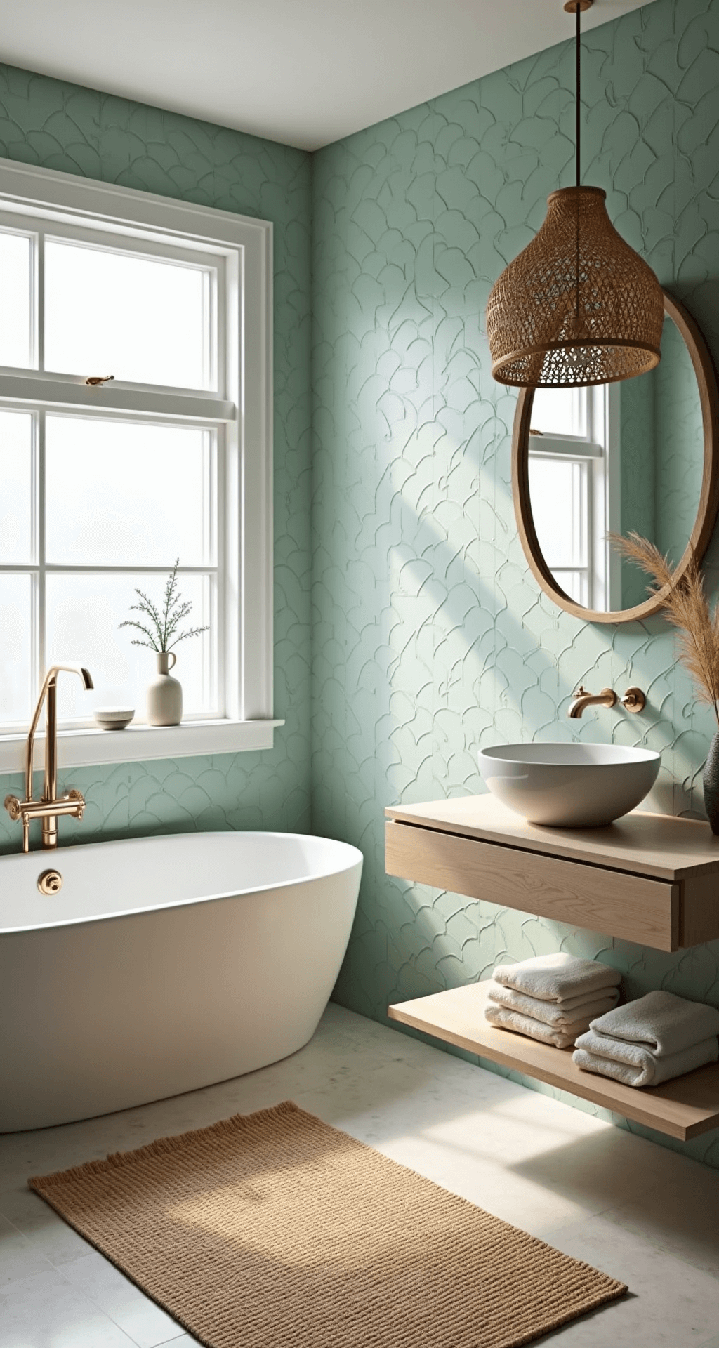 A serene coastal bathroom featuring a freestanding matte white oval tub, seafoam green fish scale tile wall, white oak floating vanity, and natural jute rug, illuminated by morning light from a frosted window, with eucalyptus, Turkish towels, and dried pampas grass for styling.