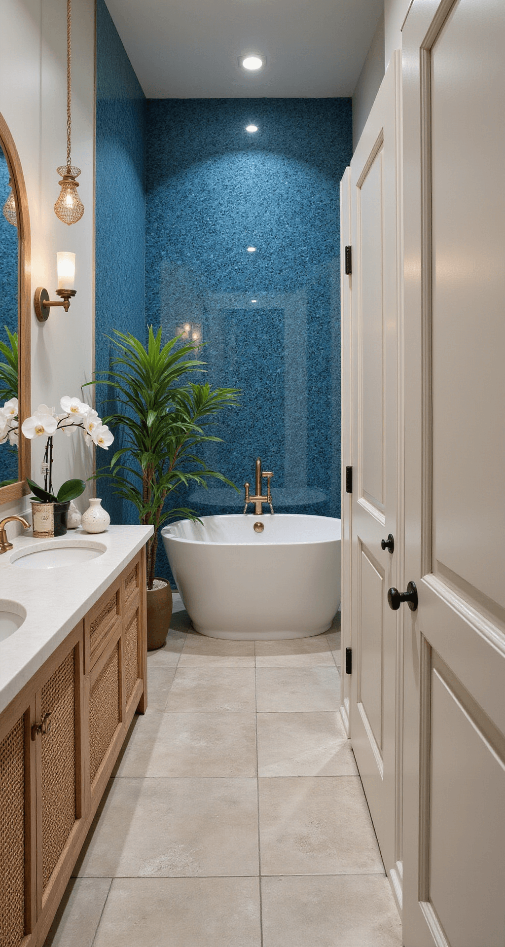 Luxurious master bathroom at twilight featuring double vanity with bleached oak and rattan fronts, dramatic azure glass mosaic accent wall, oval soaking tub, woven rope pendant lights, curved brass-framed mirrors, natural stone flooring with seaglass details, and stylish decor including a potted palm and white orchid.