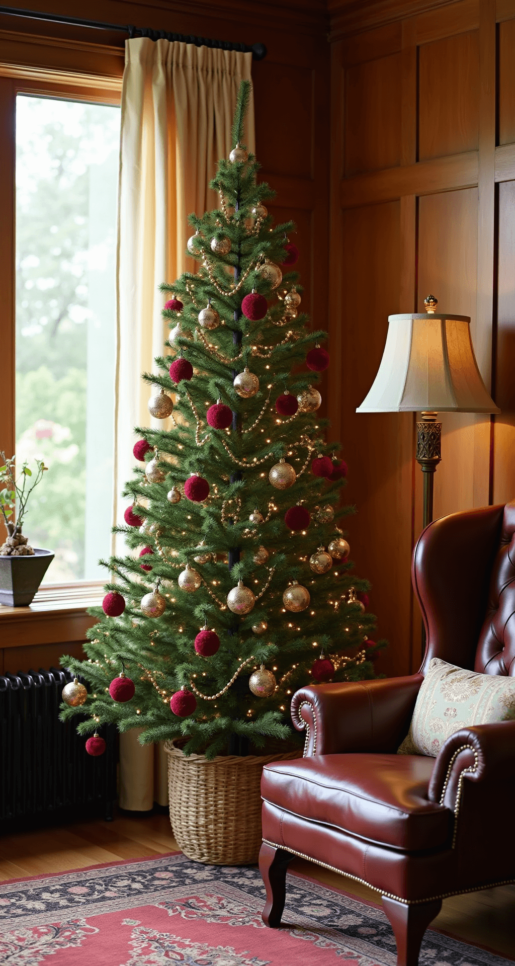 Cozy den with wood-paneled walls, featuring a vintage-themed 6.5ft pencil Christmas tree adorned with rose gold and deep red ornaments, a leather wingback chair, and a brass floor lamp, illuminated by soft morning light filtering through sheer curtains.