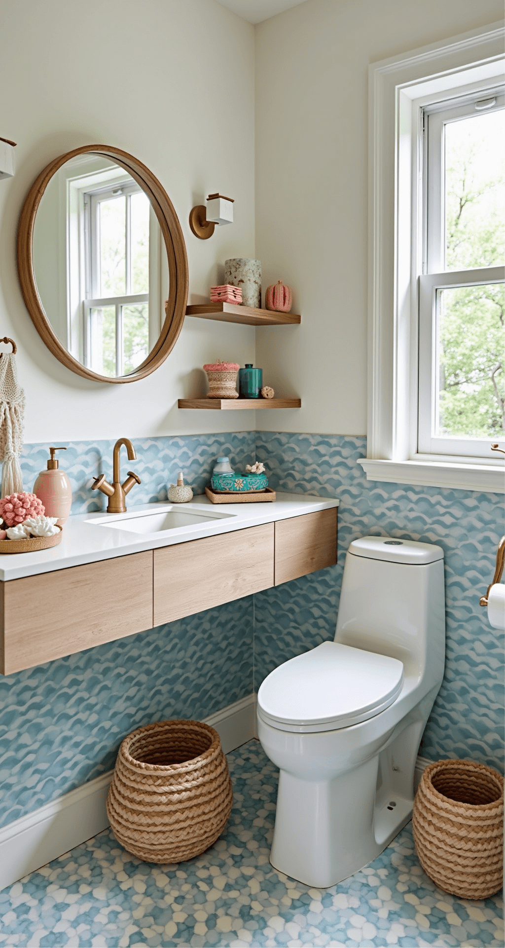 A bright corner bathroom features statement wave-pattern cement tiles on the floor and accent wall, a modern floating vanity in whitewashed teak, and a round rattan mirror. Above the vanity, a glass shelf displays sea glass and coral specimens, with macrame wall hanging, ceramic soap dispensers, and geometric woven baskets. Captured from above, the image highlights the vibrant colors of ocean blues, coral pink, sand, and white.